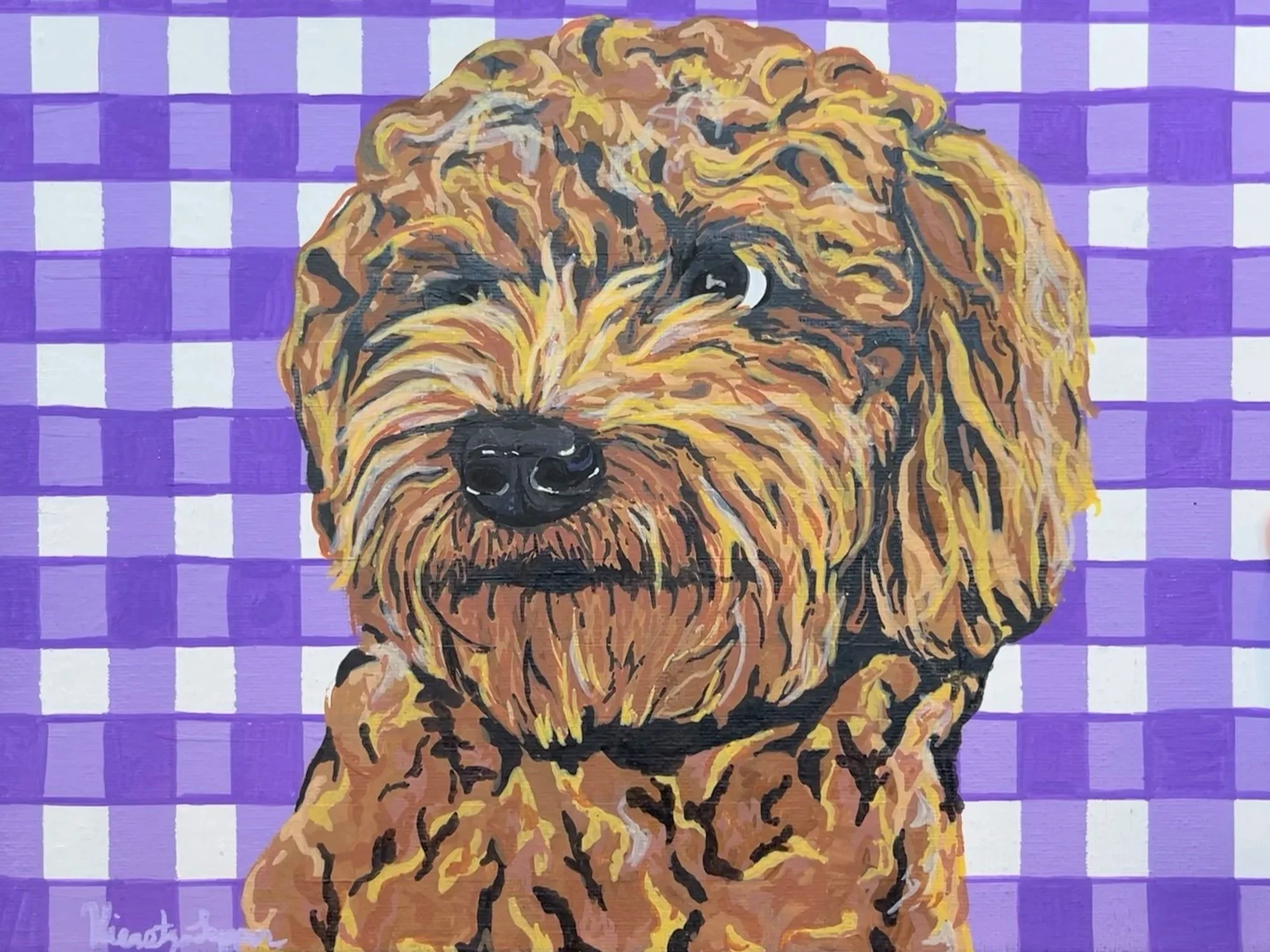 Painting of a dog with curly fur, black nose, and one eye, against a purple and white checkered background.