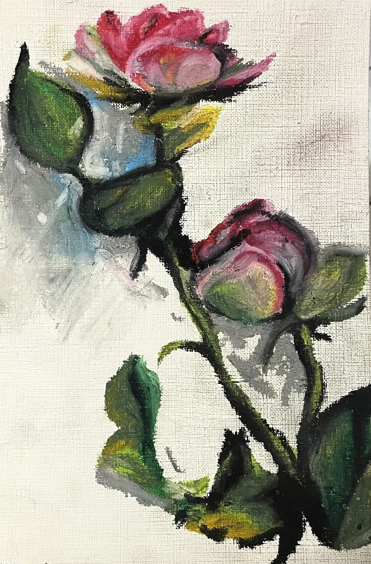 A watercolor painting of pink roses with green leaves on textured paper.