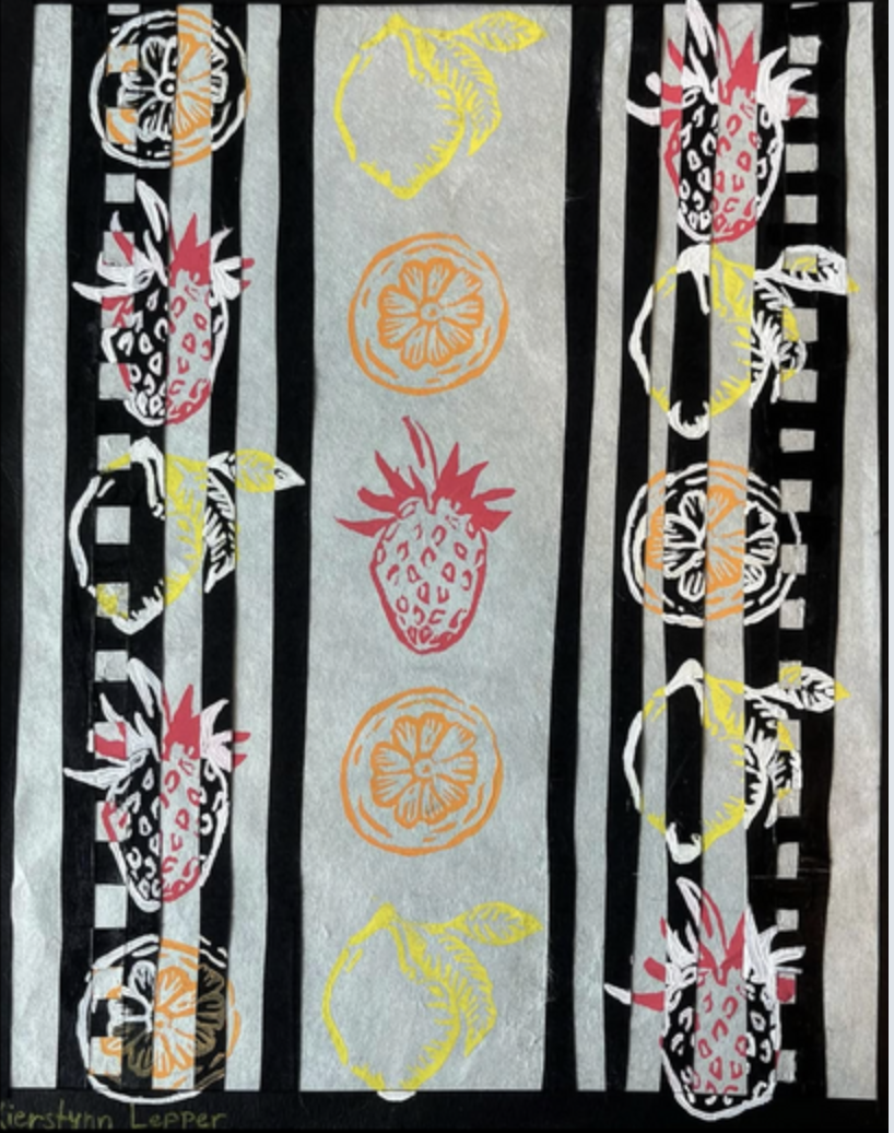 Stamps and Prints - Learning the basics of linocutting through carving into rubber blocks, I decided to make a verity of fruits and layer my final composition out with a pop art, fruit basket theme.