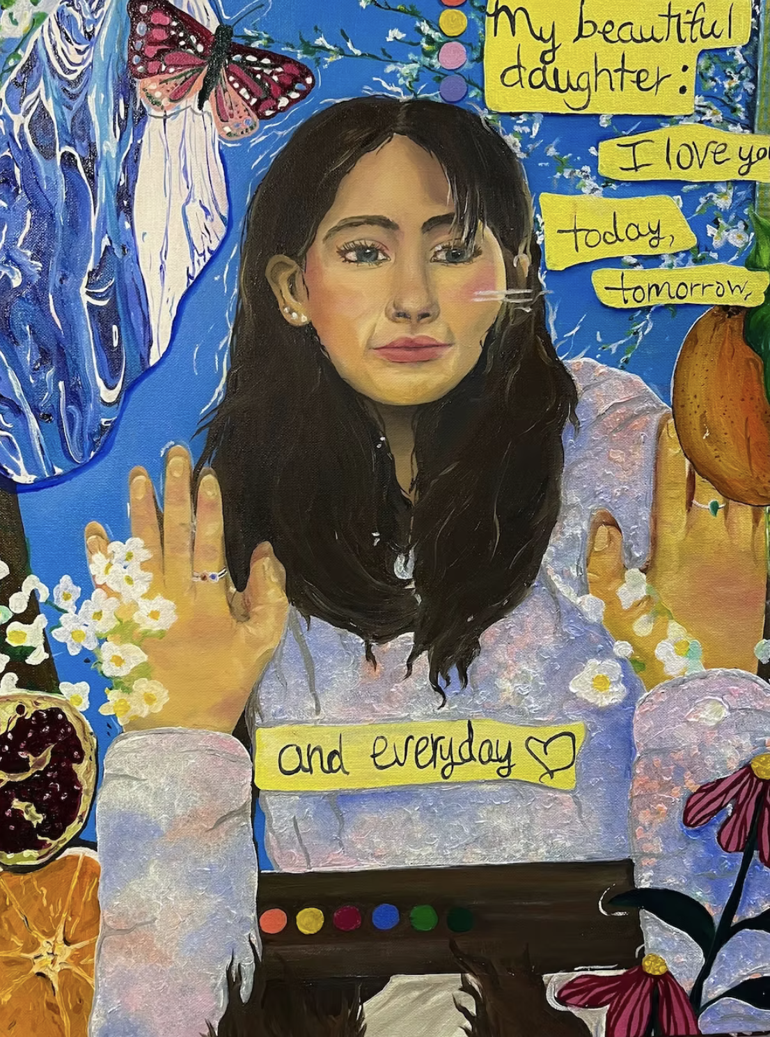 Self Portrait Collage Painting - A full pallet of oil paints to created a self portrait rendered from handmade collages of self.