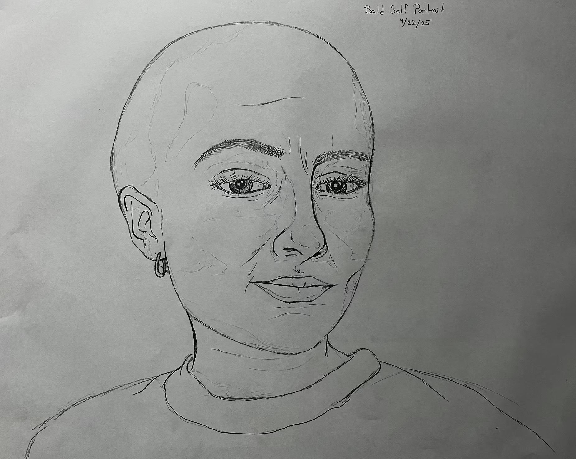 Bald Self Portrait - Practice on capturing the whole shape of the head, using line weight to create value.