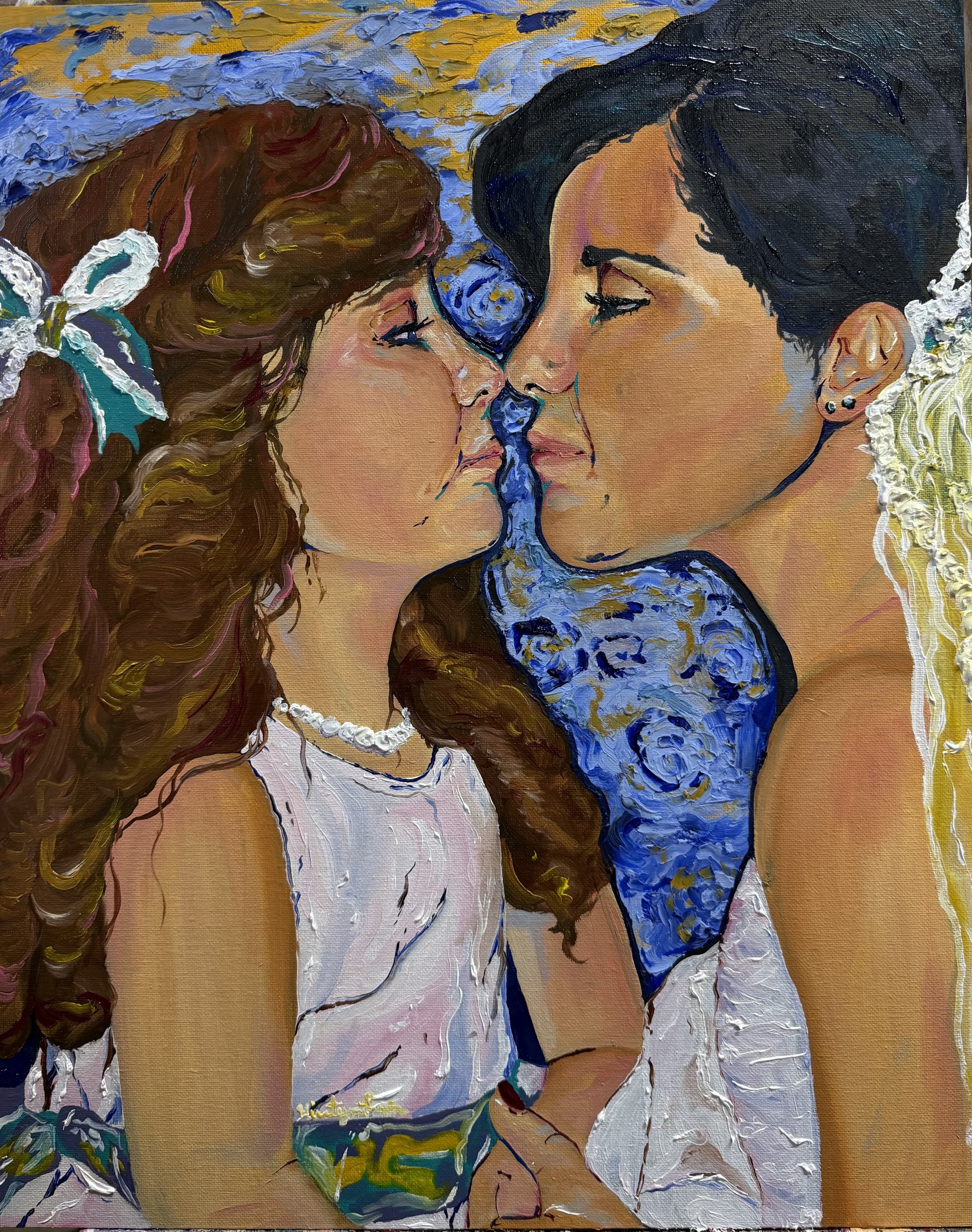 Expressionist inspired painting - with the inspiration of Van Gogh and Mary Cassatt I combined expressionist, impressionist, and values of realism into my piece. Featuring an image of my mom and I on her wedding day sharing an eskimo kiss. 