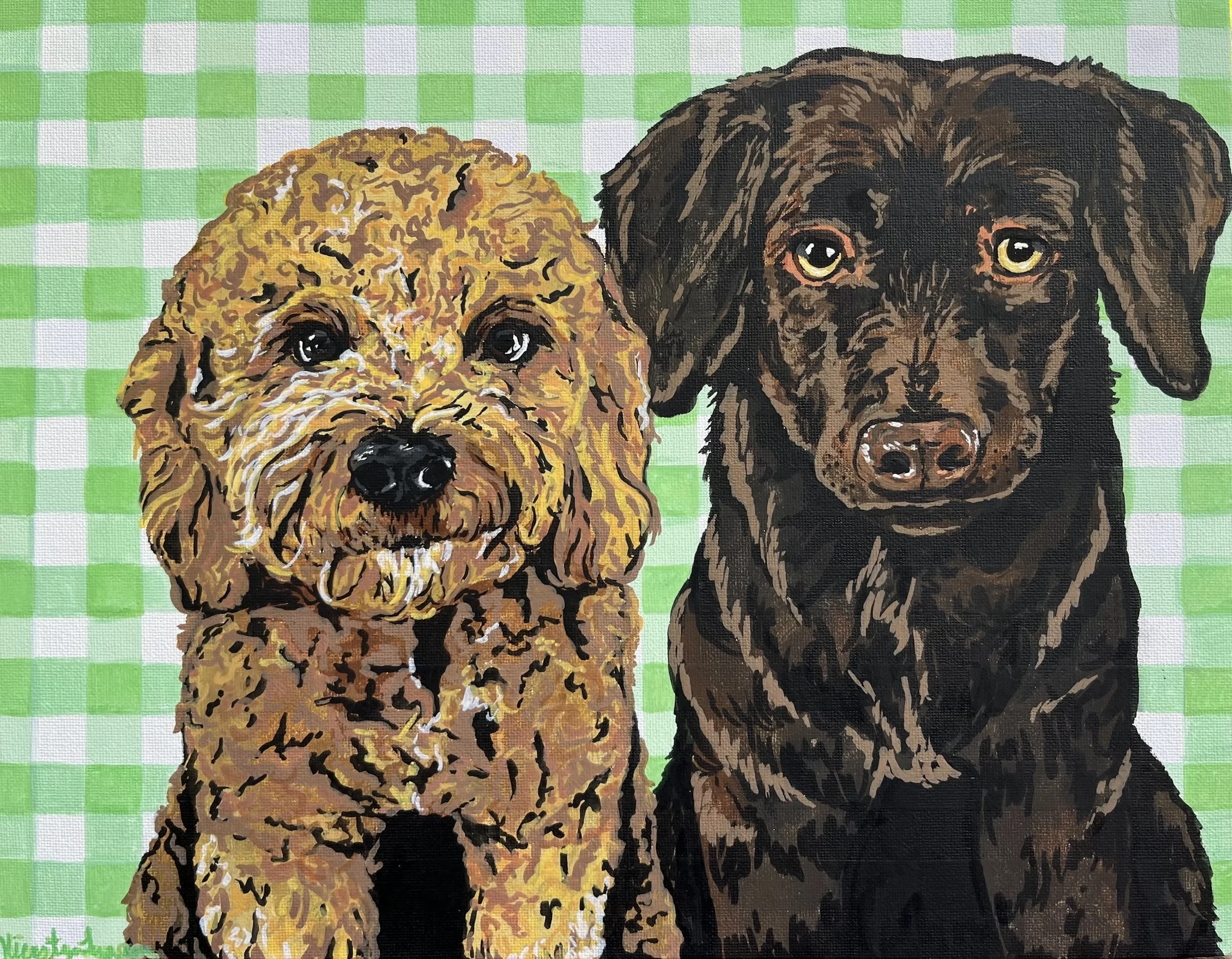 Painting of two dogs, one with reddish curly fur and the other with dark brown fur, on a green and white checkered background.