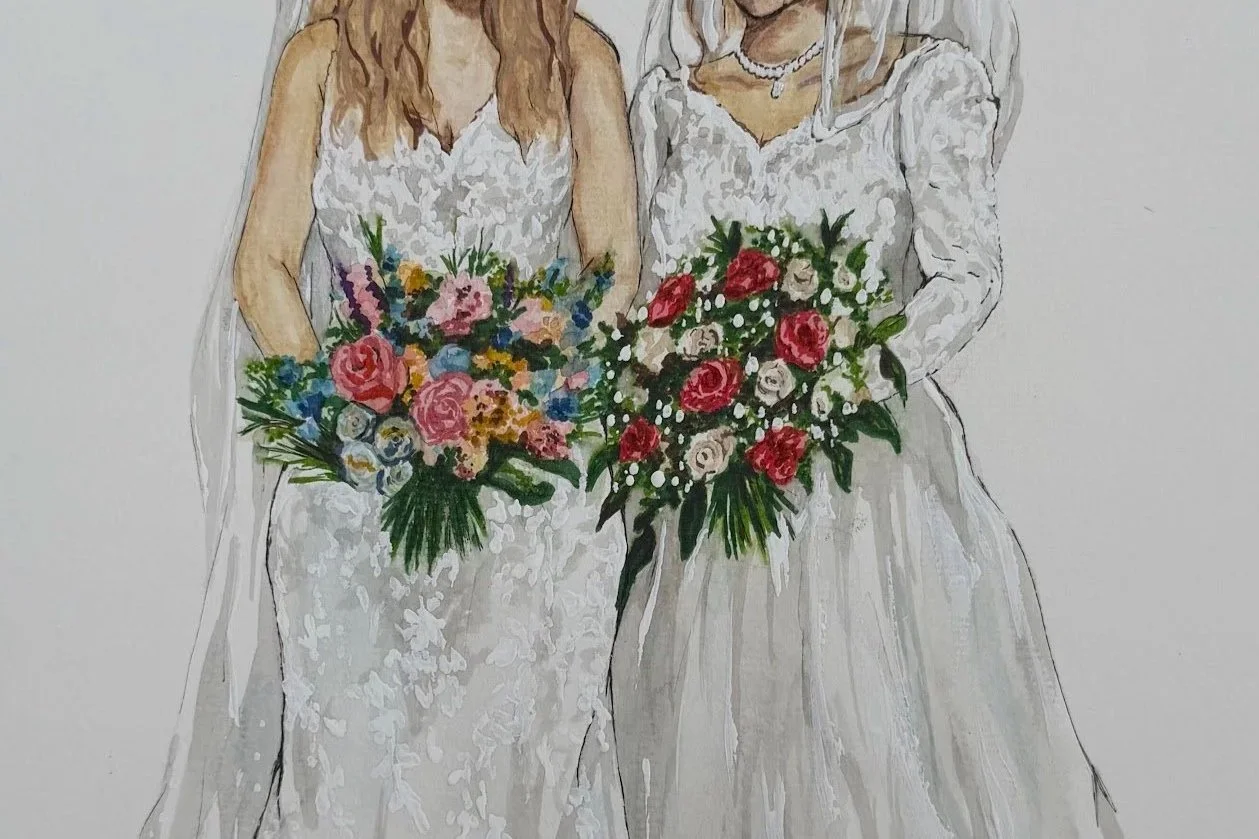 Painting of two women in wedding dresses holding colorful bouquets of flowers.