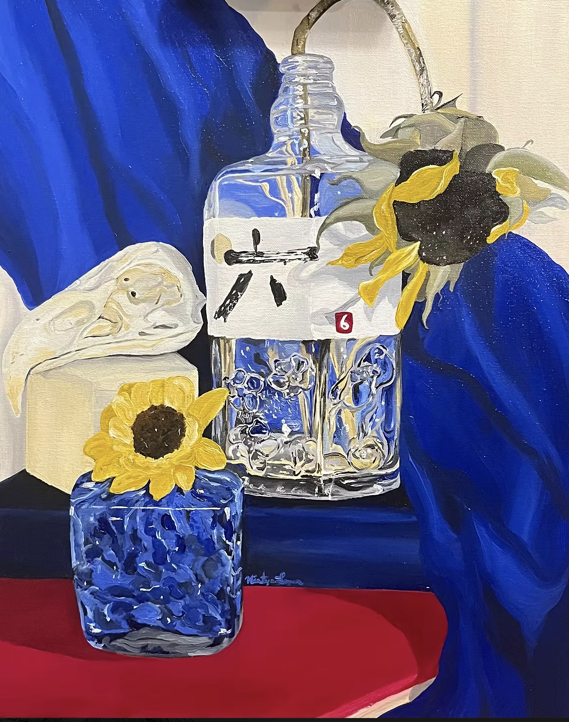 Triad Painting - An almost complete oil paint pallet with a focus on the primary colors, practice with mixing paint to create other shades and applying them to the canvas where values are needed.