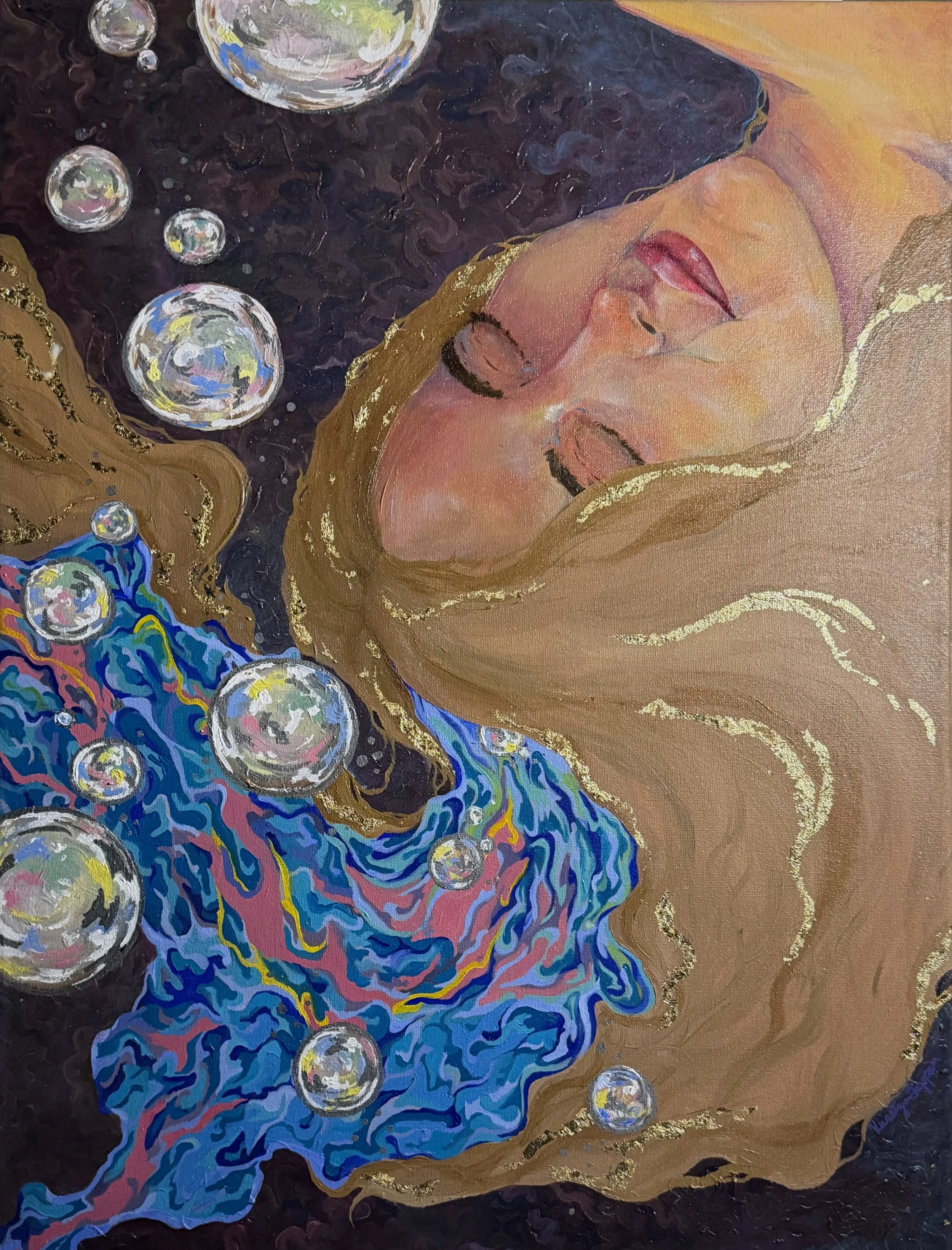 Inside Myself painting final - With a full color pallet available we were given a list with different prompts, I chose "inside myself." I took this a bit literal as my brain leaking out colors and bubbles, This piece reflects my choice to move throug