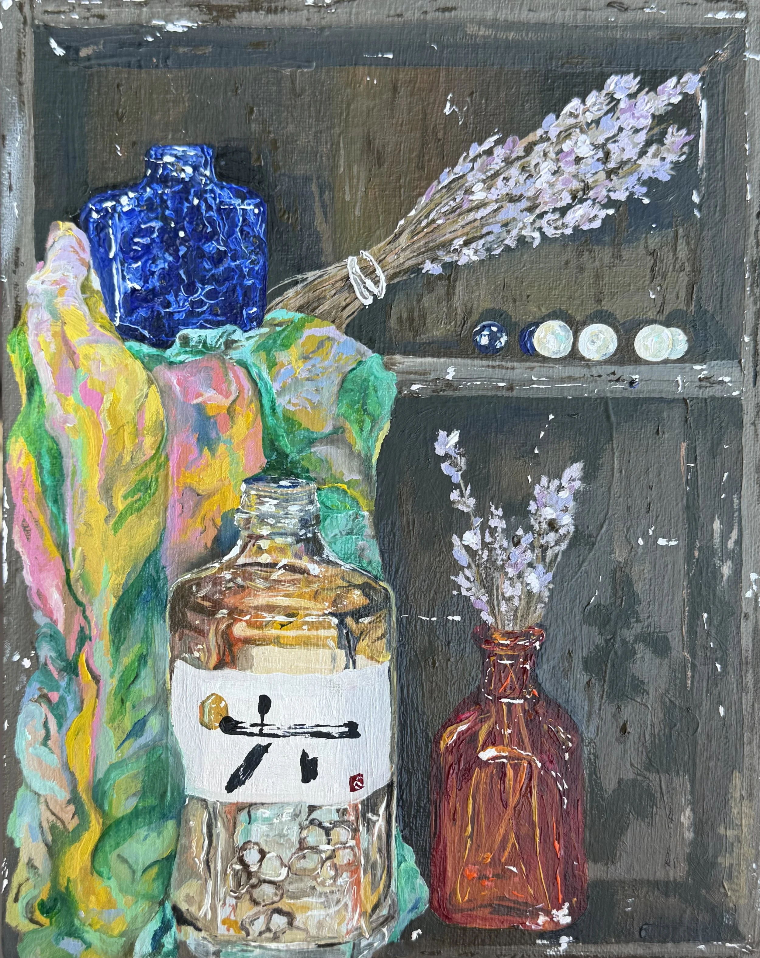 Trompe-l'œil Painting - with a full color pallet I took my best take at a small painting to "deceive the eye", my composition consists of colorful glass bottles, a colorful cloth, some lavender, marbles, and a wooden box. My biggest goal was getting 