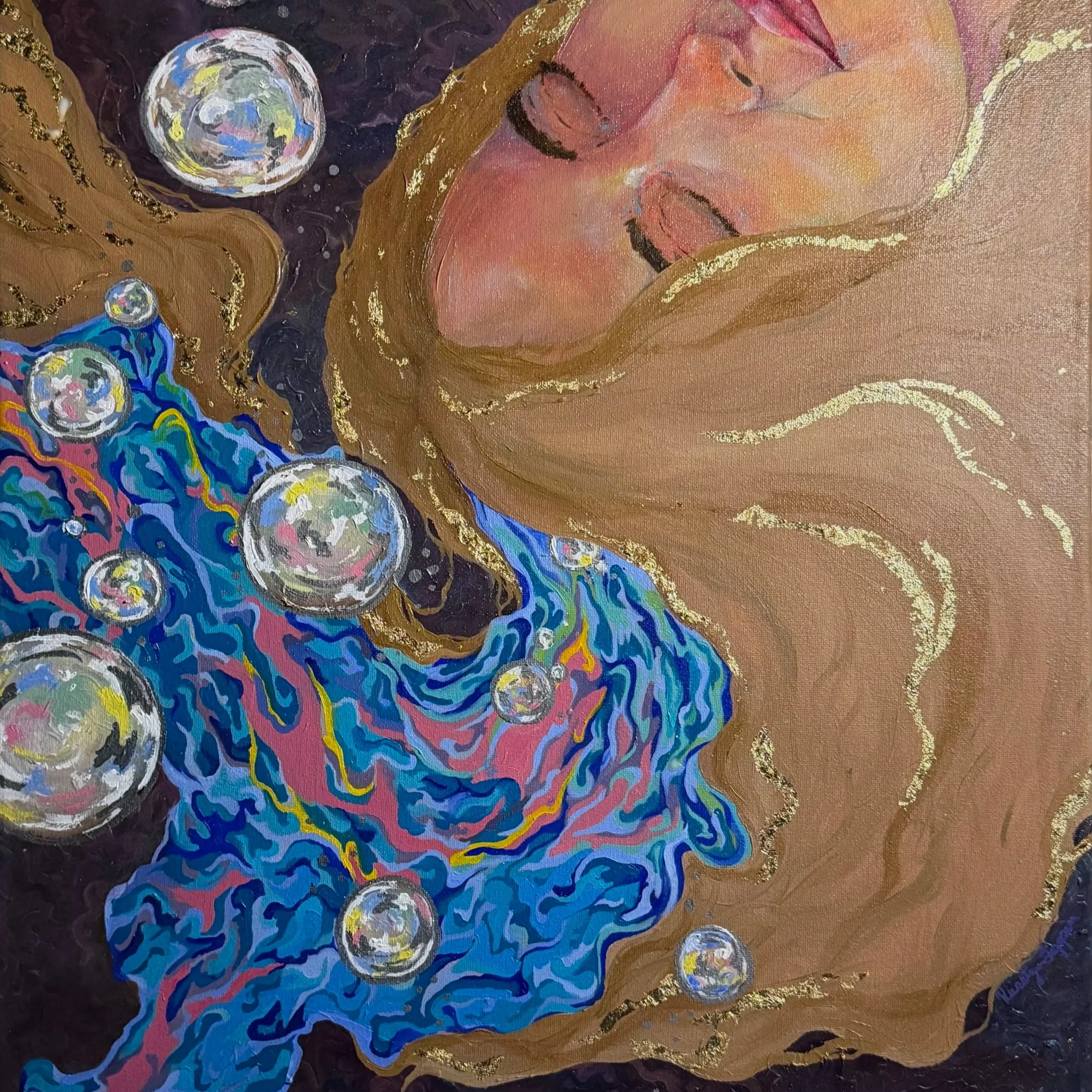 A painting of a woman with closed eyes and long blond hair, surrounded by colorful, swirling patterns and bubbles, with a large celestial body in the background, depicted in an abstract and impressionistic style.