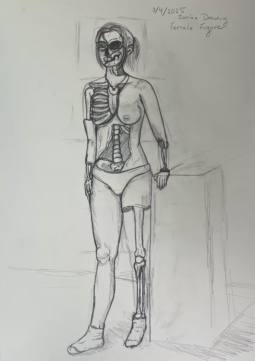 Female Zombie Drawing - Rendering the figure  combined with parts of the skeletal structure for more detail and practice.