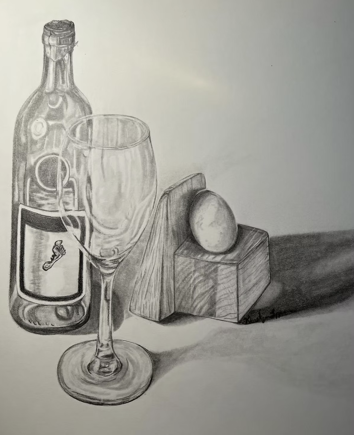 Graphite Still Life - Learning how to render basic forms in drawing, roundness and sharpness, how things reflect through glass, etc.