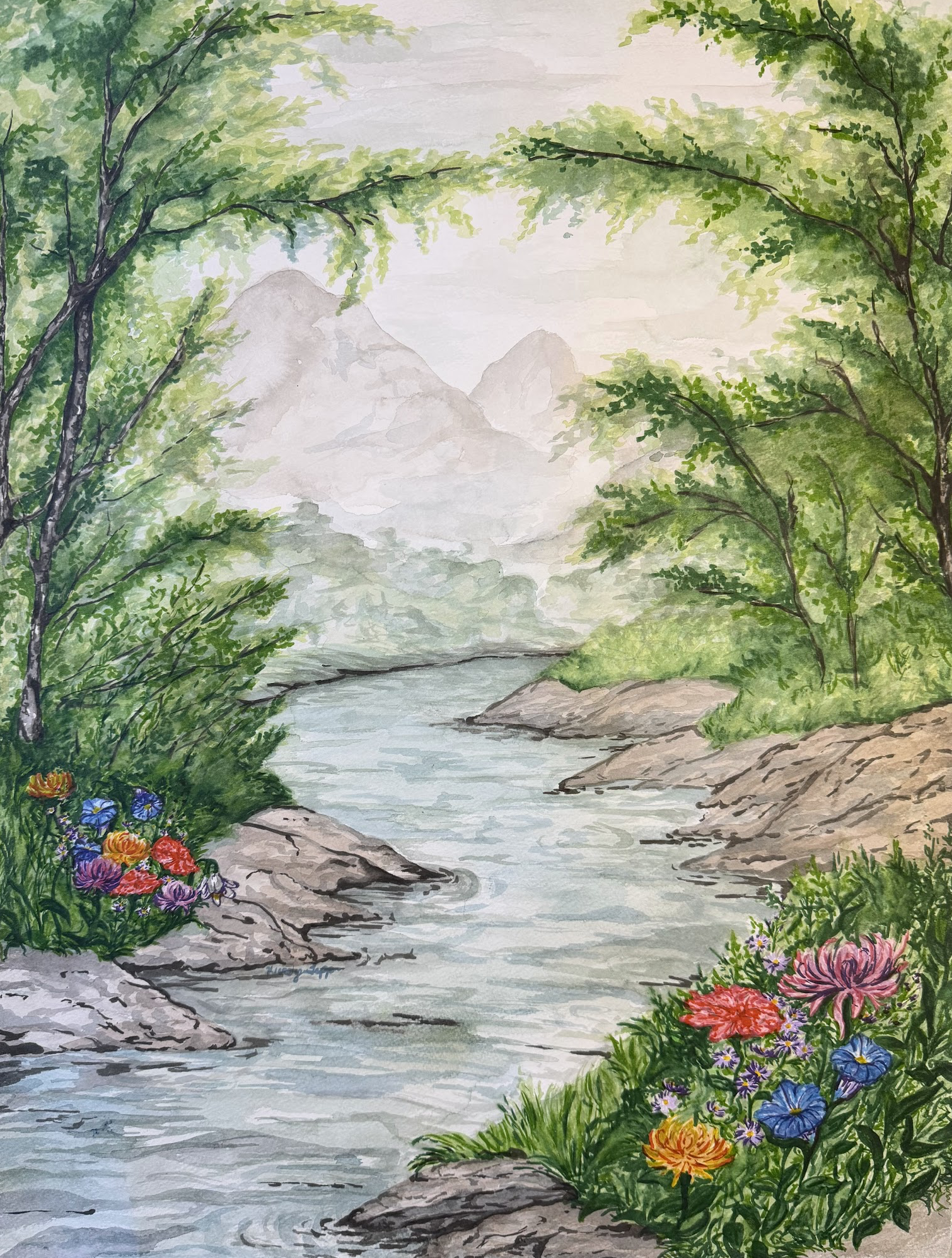 A watercolor painting of a peaceful river scene with lush greenery, colorful flowers, rocks along the riverbanks, distant mountains, and trees arching over the water.