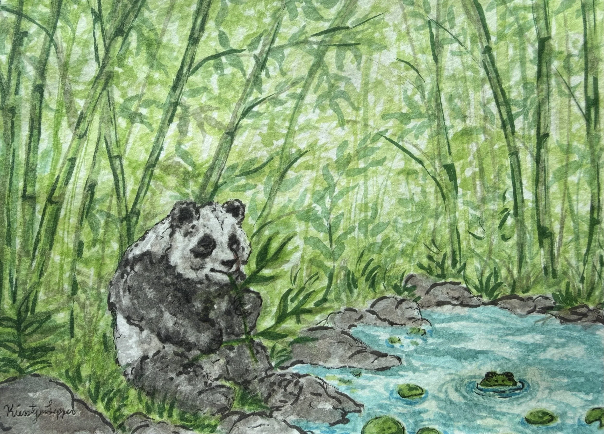 A watercolor painting of a pond with green lily pads, a gray rock with a panda face, and tall green grass in the background.