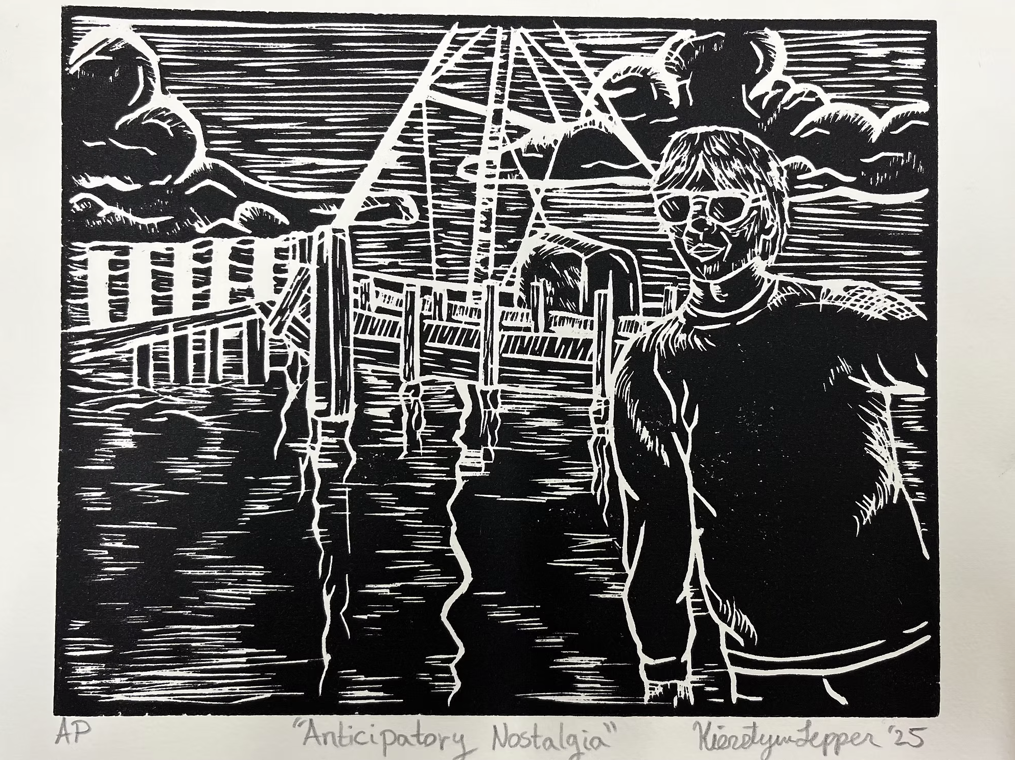 White Line Print - Beginning to learn basics in wood carving, creating an outdoor scene with a figure into a birch wood panel then inking and printing.