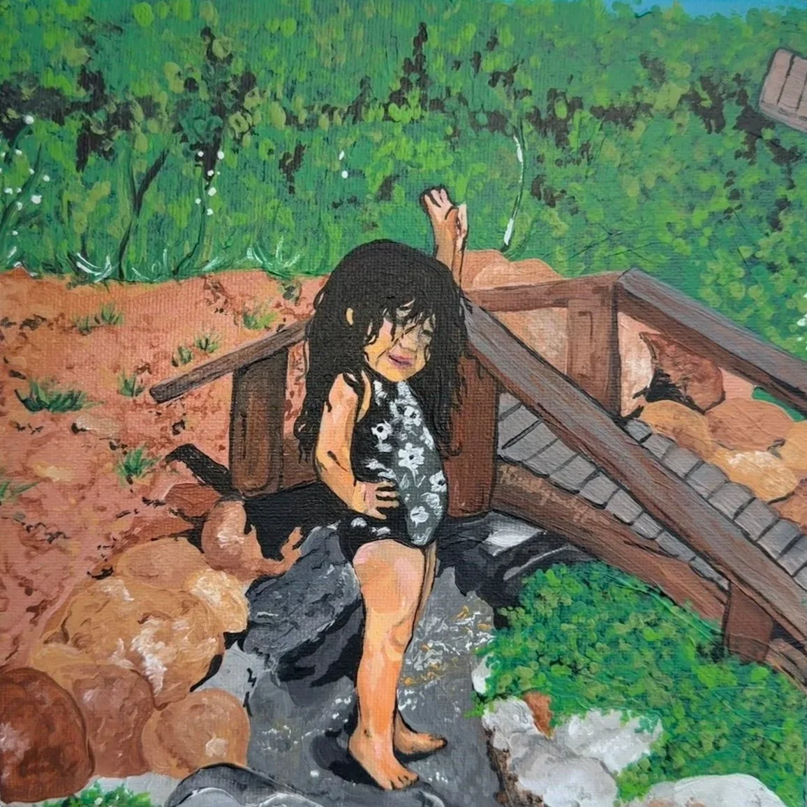 Painting of a young girl with black hair, wearing a floral dress, sitting on a stone platform near a small waterfall, with a dog lying next to her. Behind her is a wooden staircase and green foliage in the background.