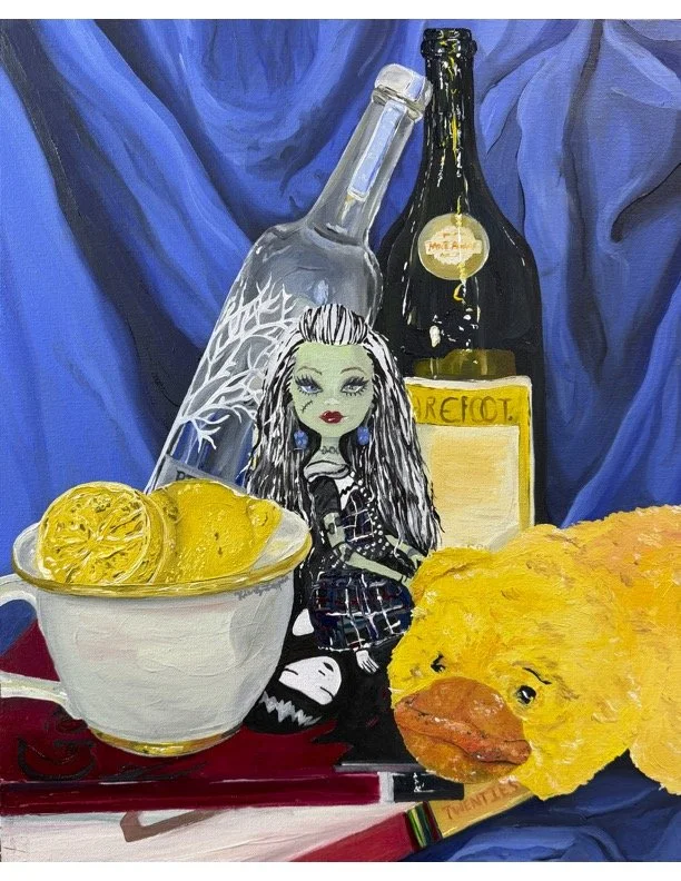 Symbolic Still Life - Using a complementary color pallet we composed a still life with some sort of symbolic meaning, mine is the comparison of then and now, my favorite doll, stuffed ducky, and storybook contrasting with the bottles of alcohol and l
