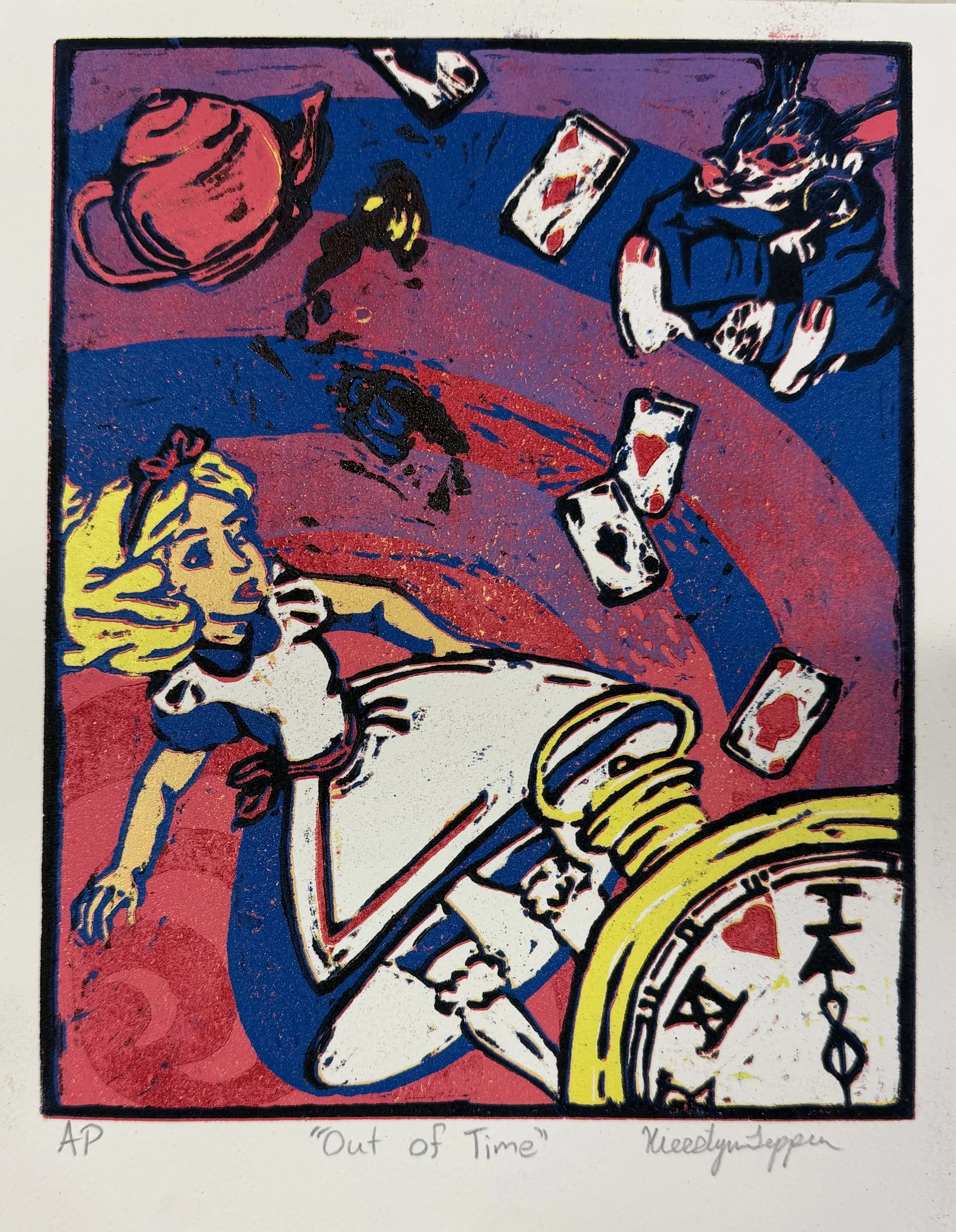 Reduction Print - Practicing another technique to create multi color prints by planning out each layer and carving away at the block per color, lightest to darkest, in the end destroying the block and leaving a limited number of final prints. 