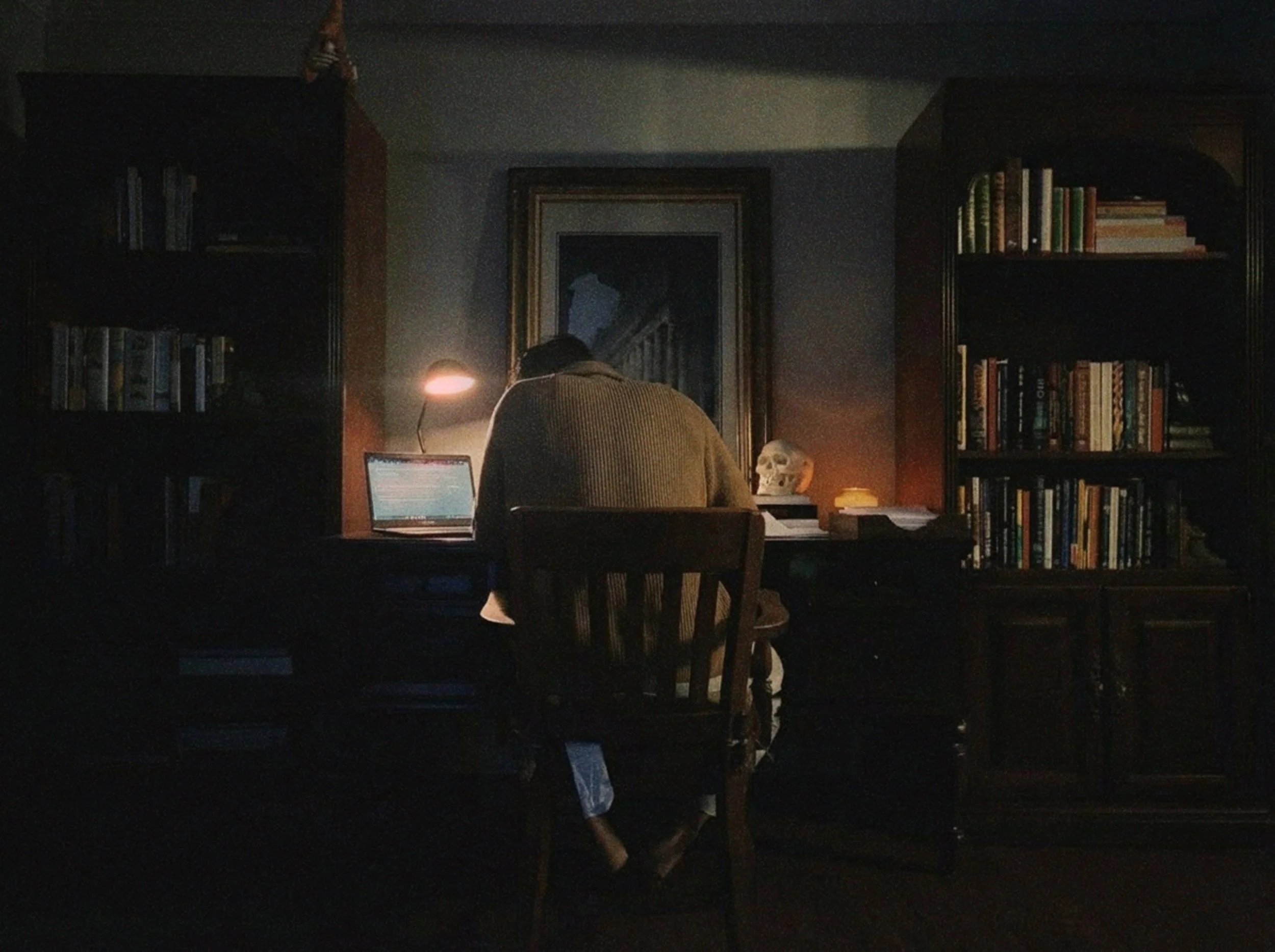 A person sitting at a desk in a home office, illuminated by a desk lamp, with bookshelves on either side and a framed picture or artwork on the wall behind.