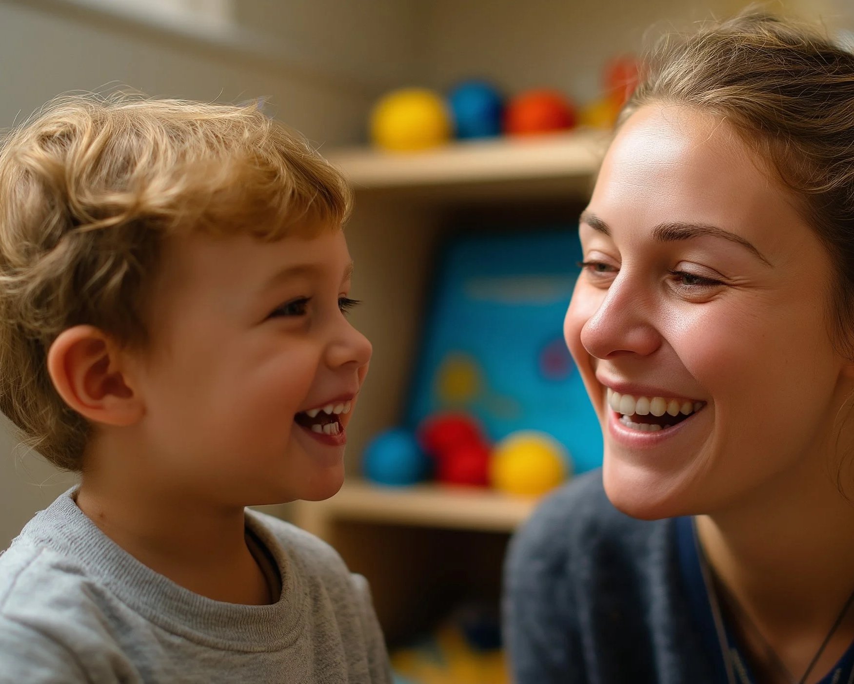 Child and therapist connecting during speech therapy smiling about progress with speech goals in Orange County
