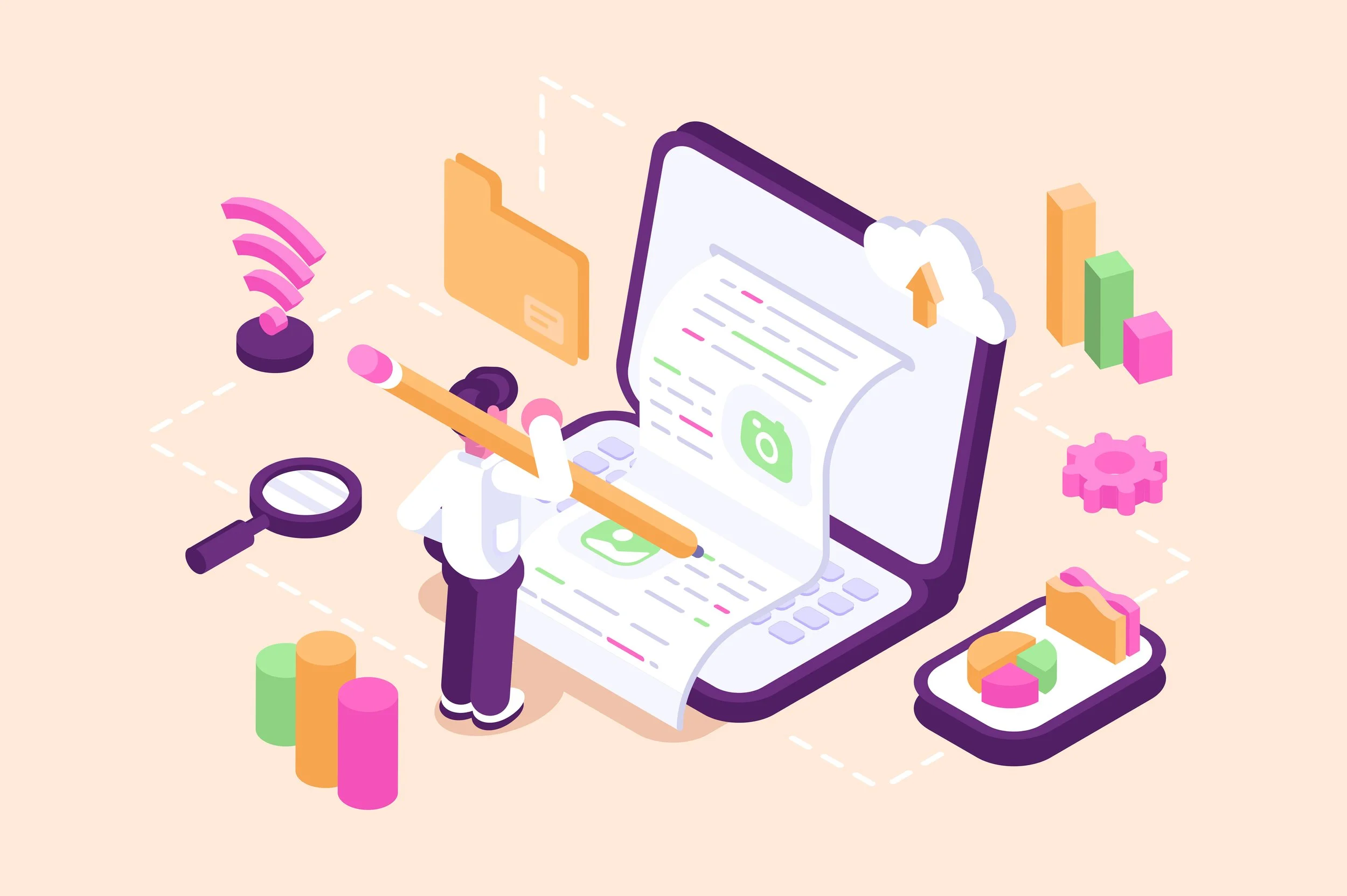 An illustrated scene of a person holding a large pencil, analyzing a receipt coming out of a laptop, with data charts, social media icons, a magnifying glass, folders, and a mobile phone with charts around.