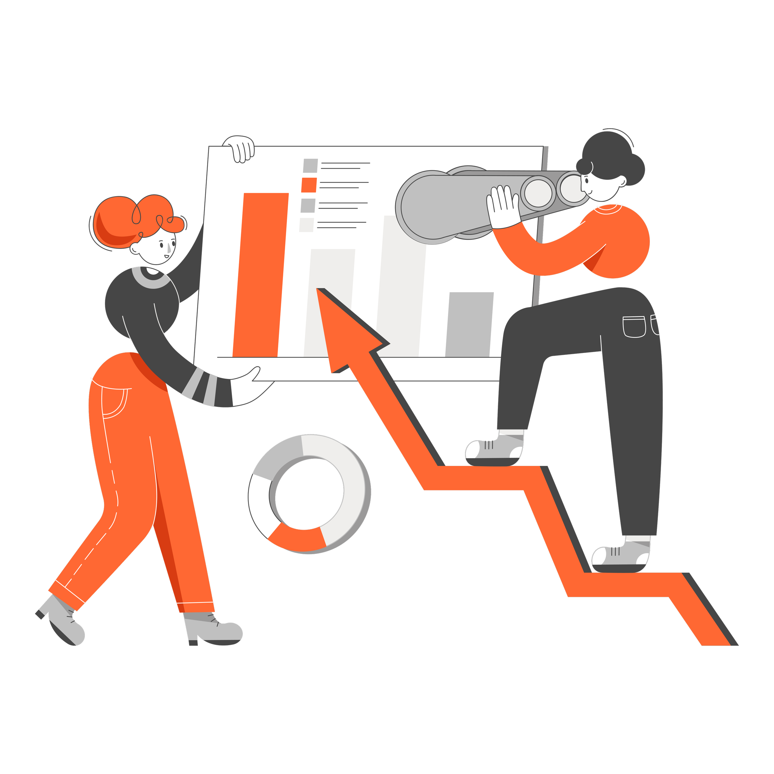 Illustration of two people analyzing a large graph with an upward trending arrow, using binoculars and a pointer, on a black background.