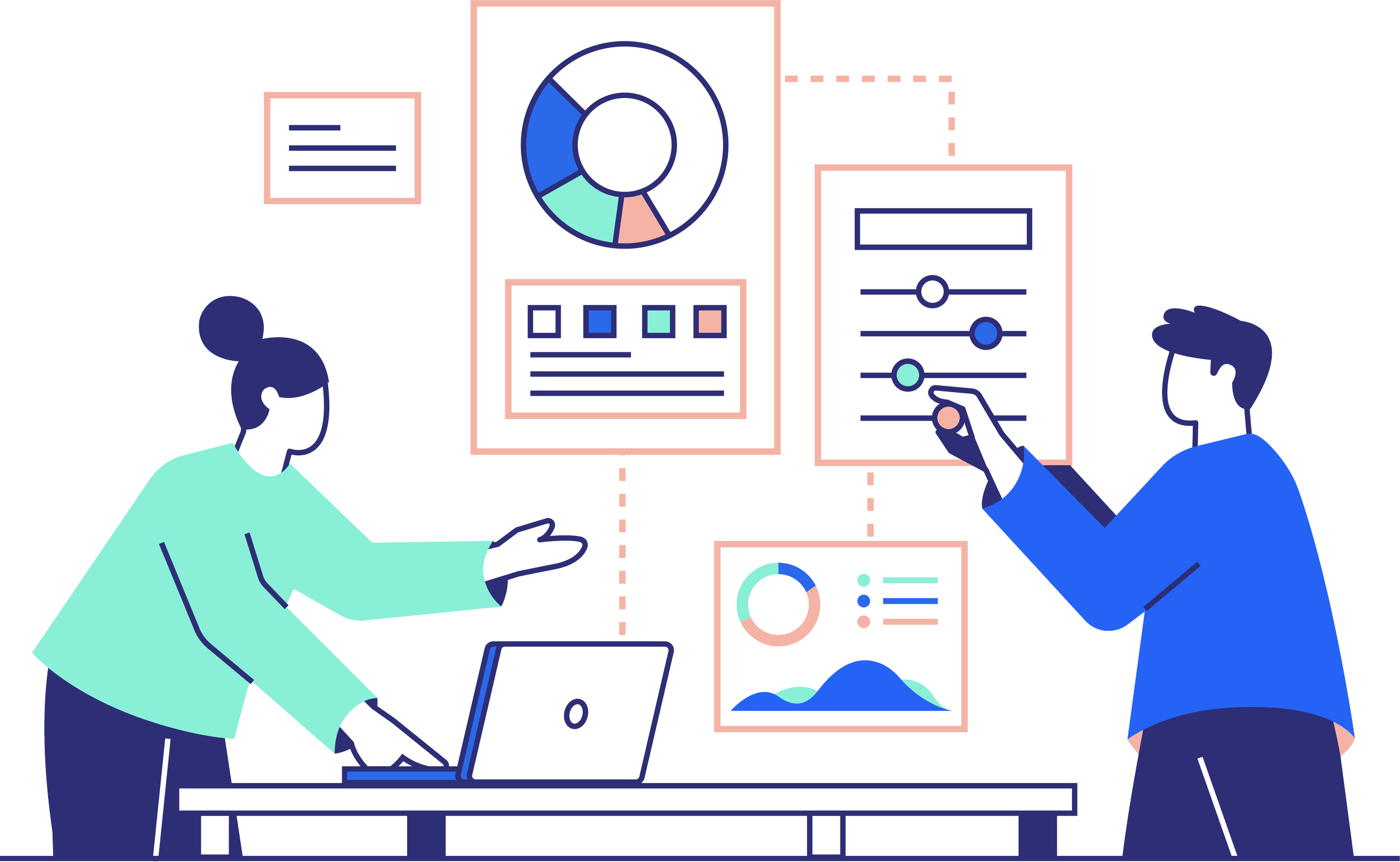 Two people working with data visualizations and charts on a wall, including a pie chart, bar graphs, and sliders, in an office setting.