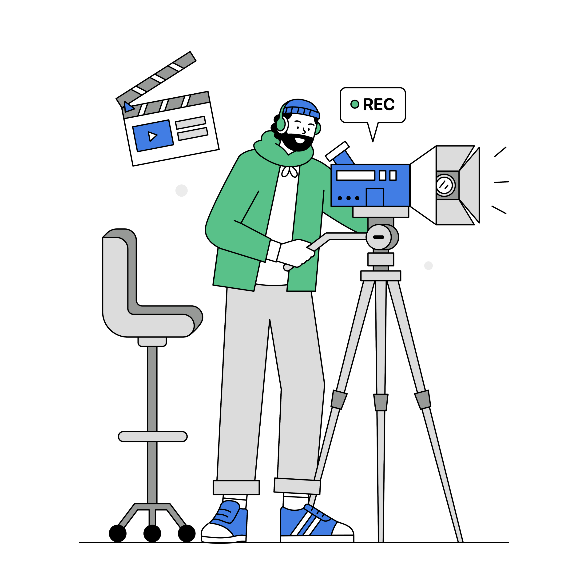 Illustration of a person filming with a professional video camera on a tripod, wearing casual clothing and headphones, with a director's chair and a clapperboard nearby.