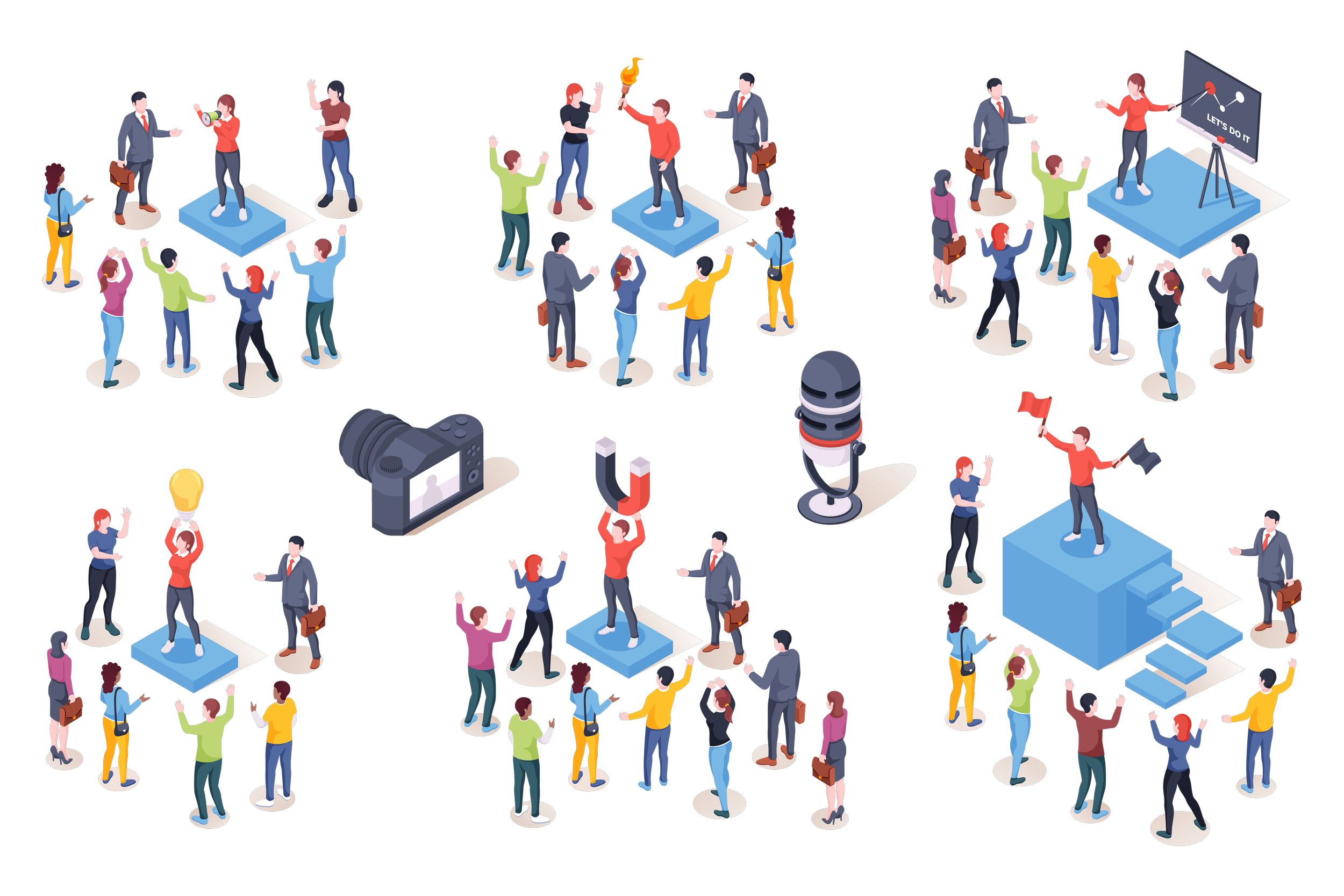 Multiple people on stage presenting, interviewing, and filming in a virtual conference or seminar setting with cameras, microphones, and presentation screens.