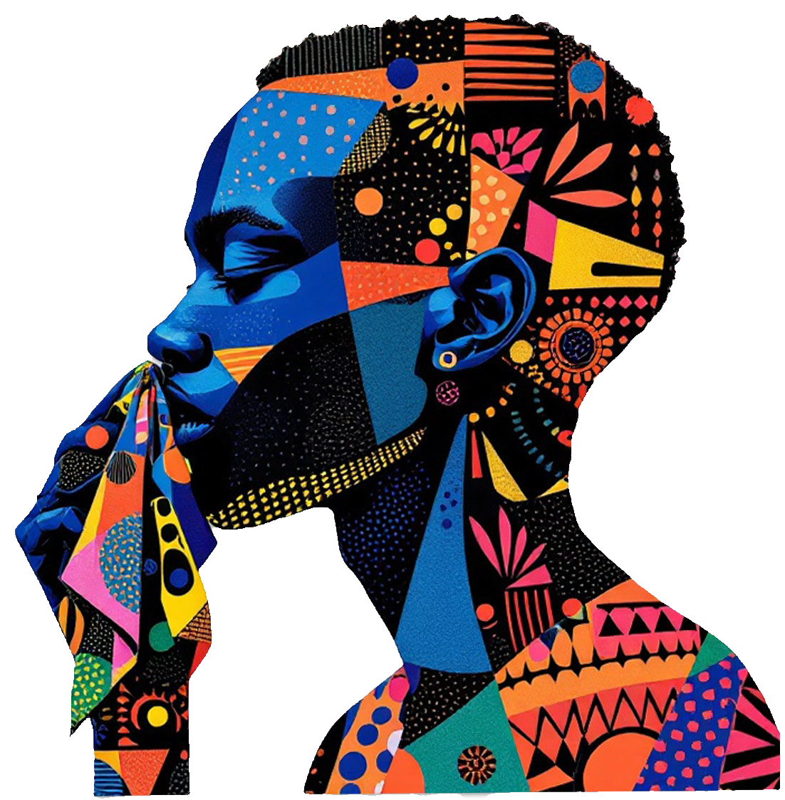 Brain Boogerz logo, with colorful abstract portrait of a person holding a handkerchief at their nose as if to "blow their nose", created with vibrant geometric patterns and bright colors.