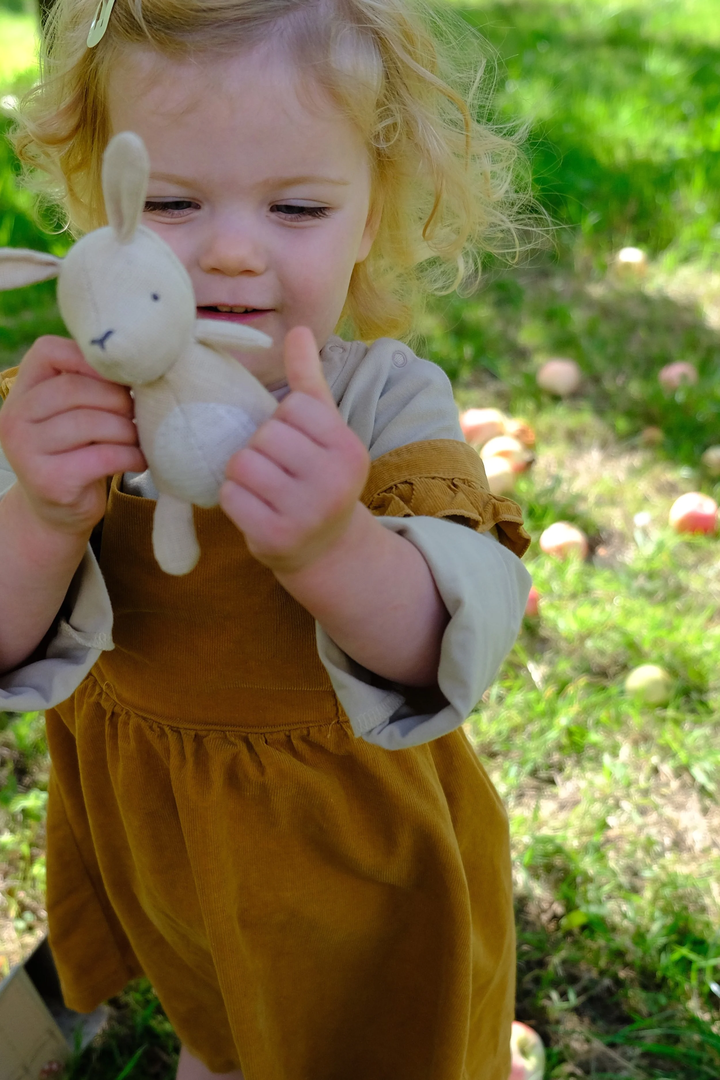A young girl with curly blonde hair holds a plush bunny toy and looks at it, outdoors in a grassy area with apples on the ground.