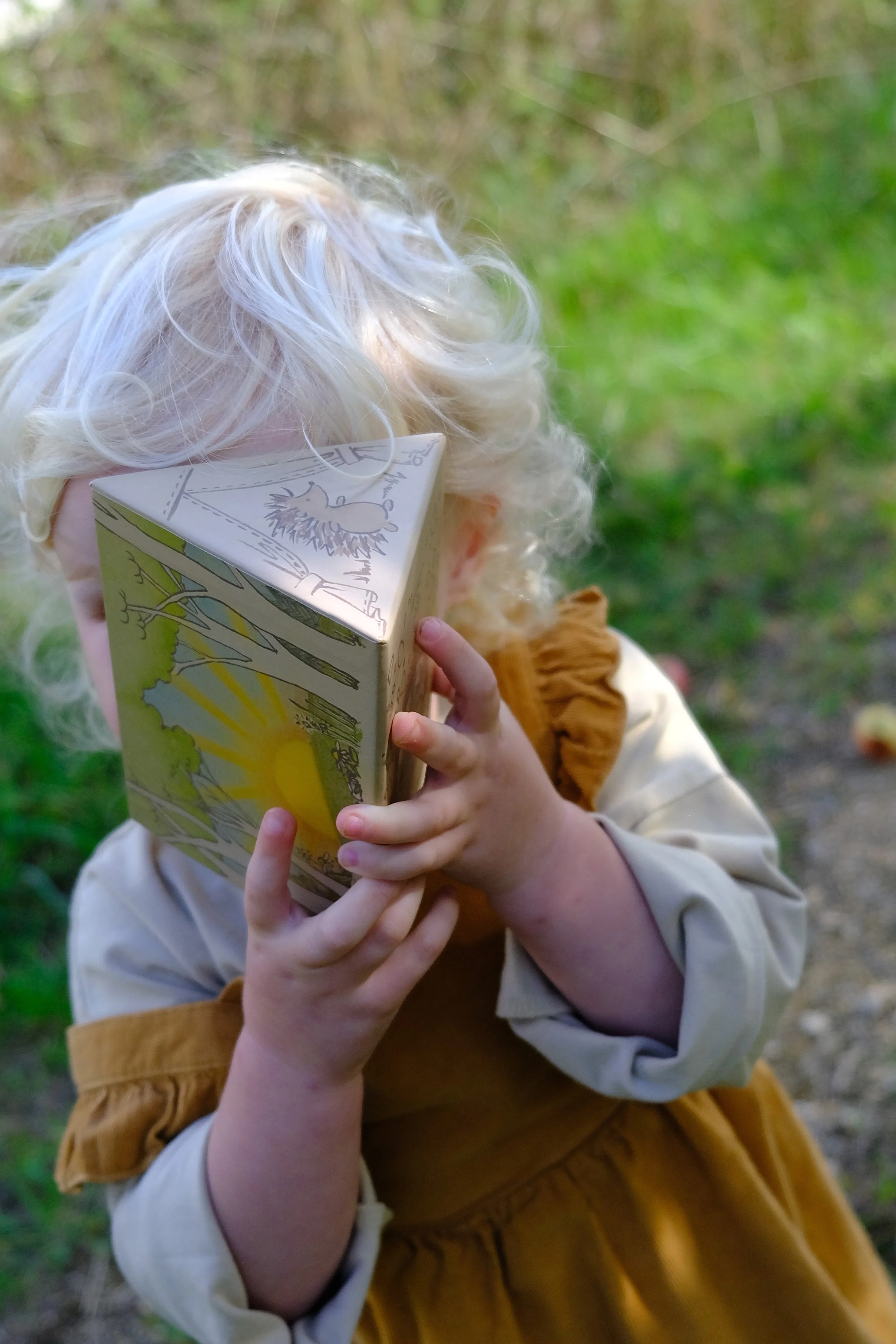 Child with curly blonde hair holding a colorful illustrated box or book in front of their face outdoors.