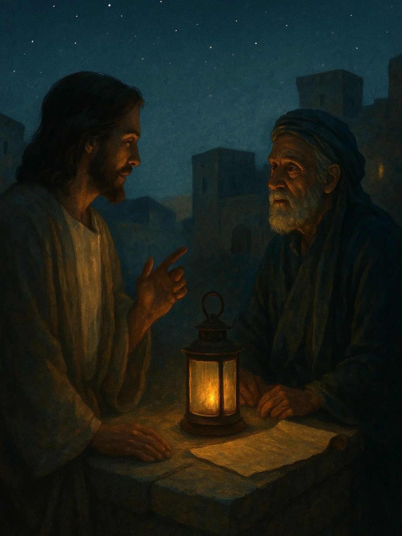 &ldquo;Jesus answered and said unto him, Verily, verily, I say unto thee, Except a man be born again, he cannot see the kingdom of God.&rdquo; &mdash; John 3:3 (KJV). 

When Jesus meets Nicodemus at night, He speaks of a new birth&mdash;new sight for