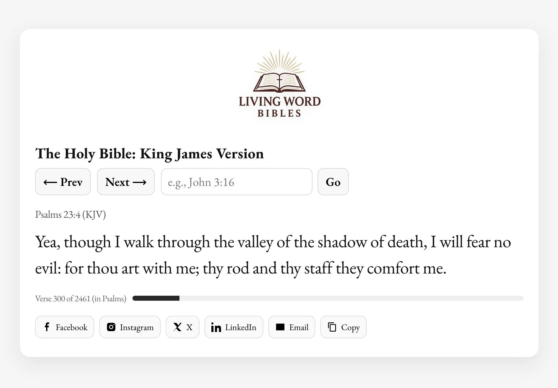 BIG NEWS!: Our Online Bible Reader is now LIVE! Read the Word, copy a verse for a friend, or share to your feed seamlessly &amp; effortlessly &mdash; in seconds &mdash; on any device, FREE. 

Start reading &rarr; https://the-holy-bible.online

Thank 