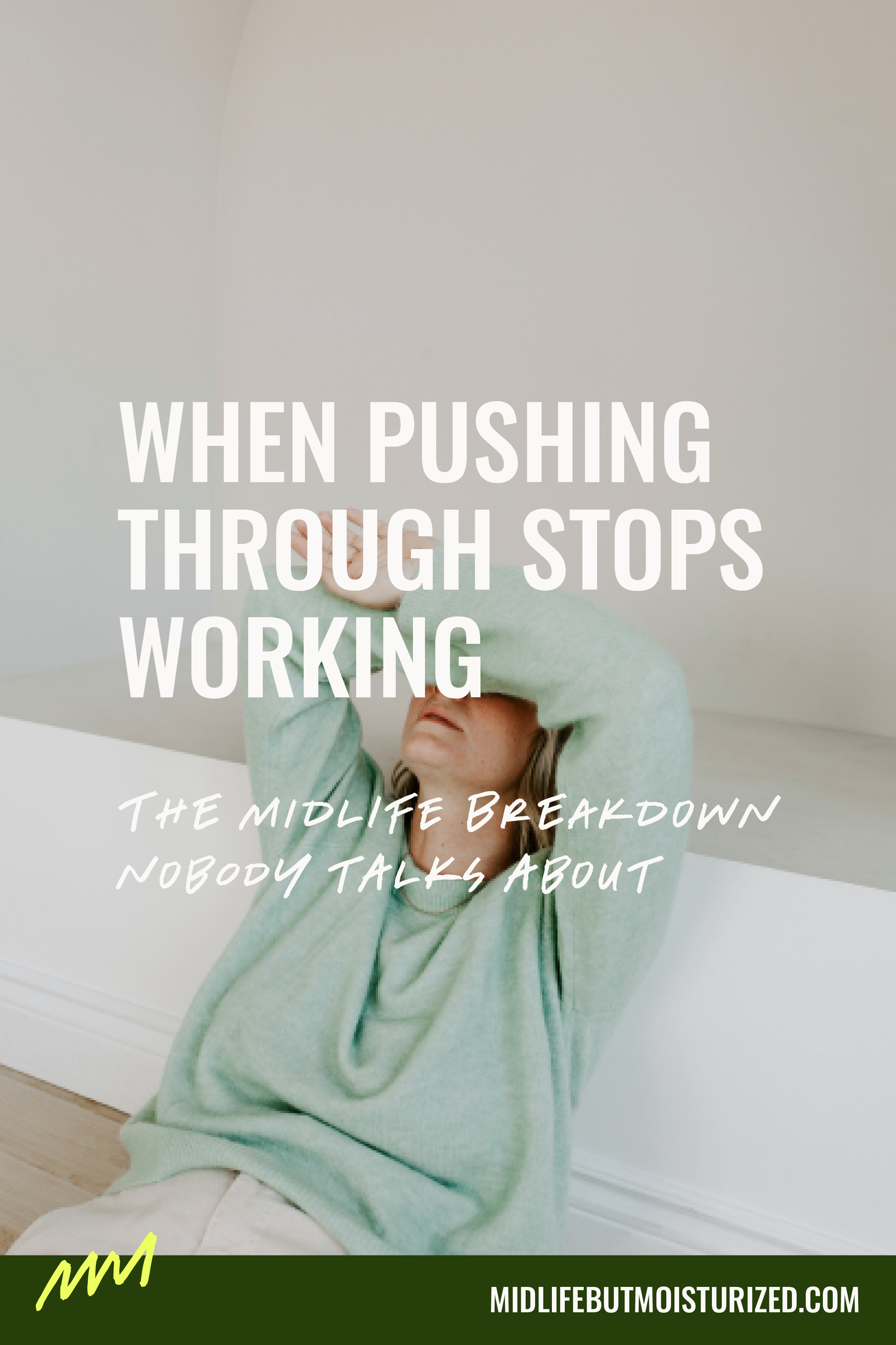 Woman in a pale green sweater leaning back with her hand over her face, illustrating midlife burnout and exhaustion