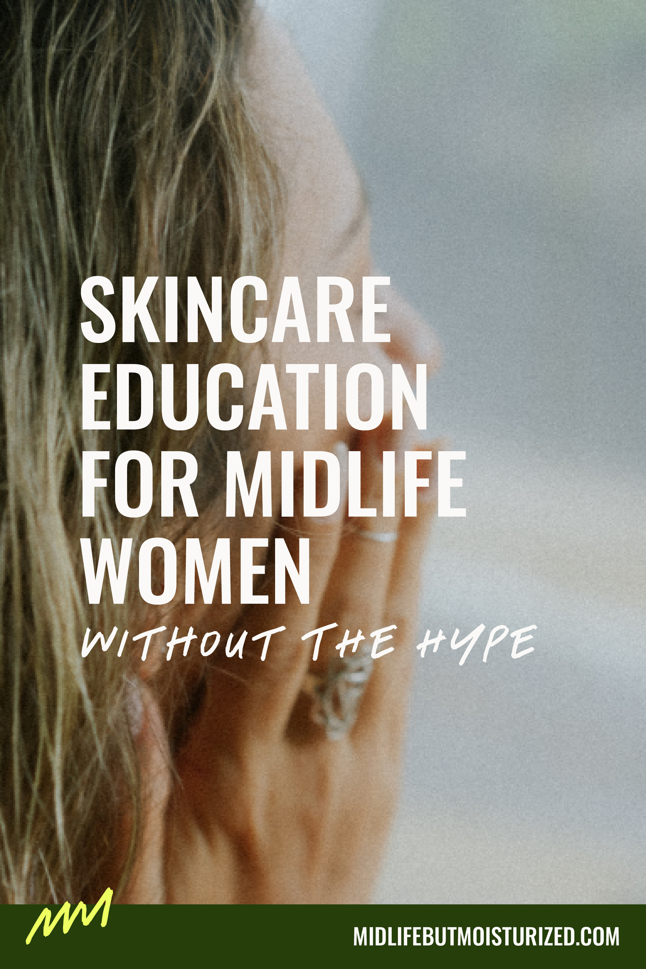 Woman seen from behind with her hand in her hair, soft natural light, representing calm and intentional midlife skincare