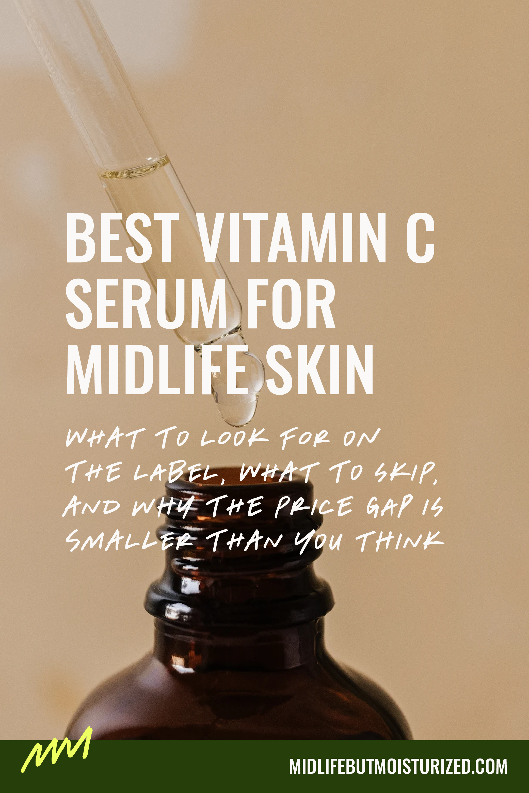 Glass dropper above an amber bottle releasing a drop of Vitamin C serum, representing antioxidant skincare for midlife skin
