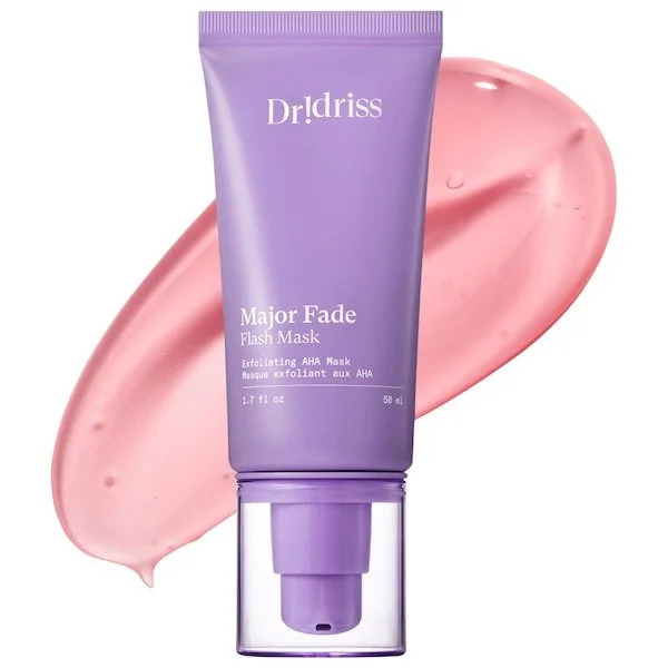 Dr. Idriss Major Fade Flash Mask exfoliating AHA mask tube with pink product swatch
