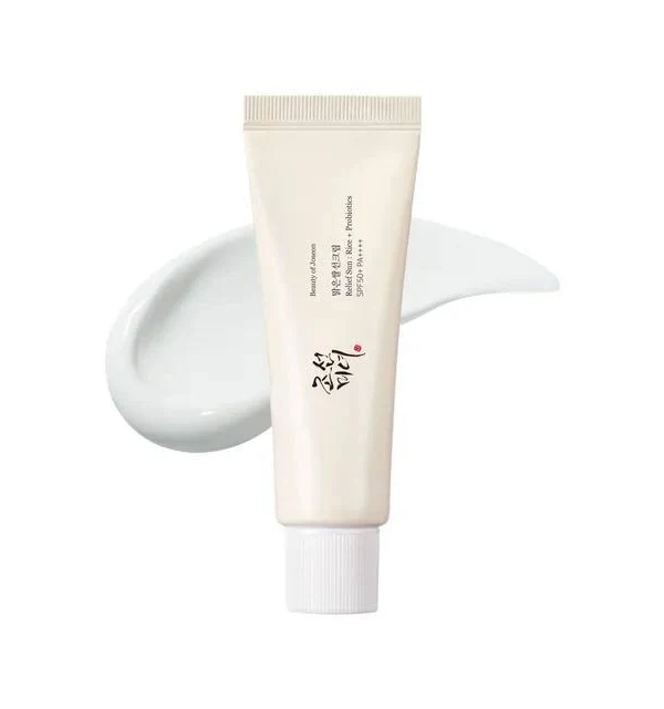 Beauty of Joseon Relief Sun Rice and Probiotics SPF 50 sunscreen tube with cream swatch