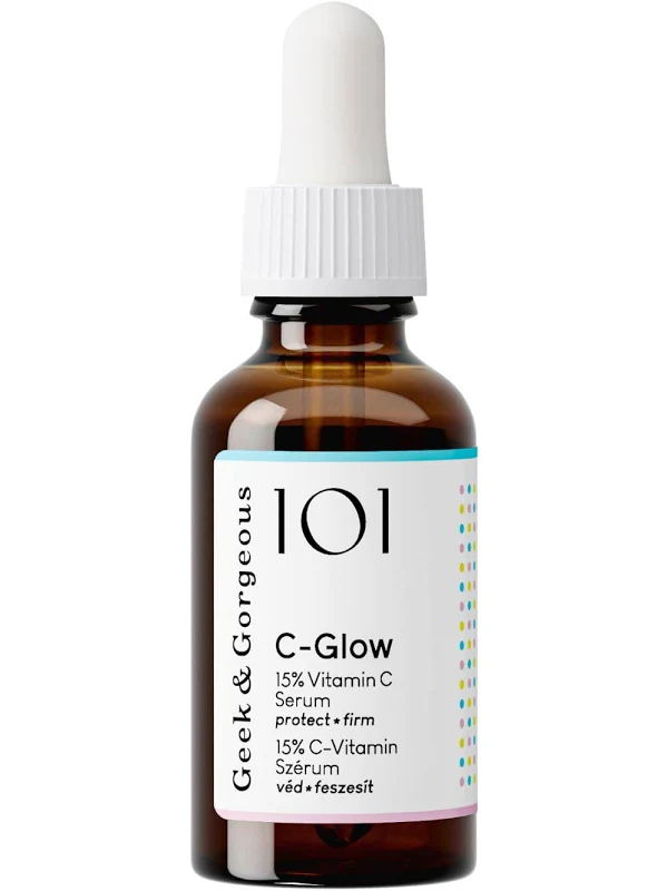 Geek and Gorgeous C-Glow 15% Vitamin C serum in amber dropper bottle