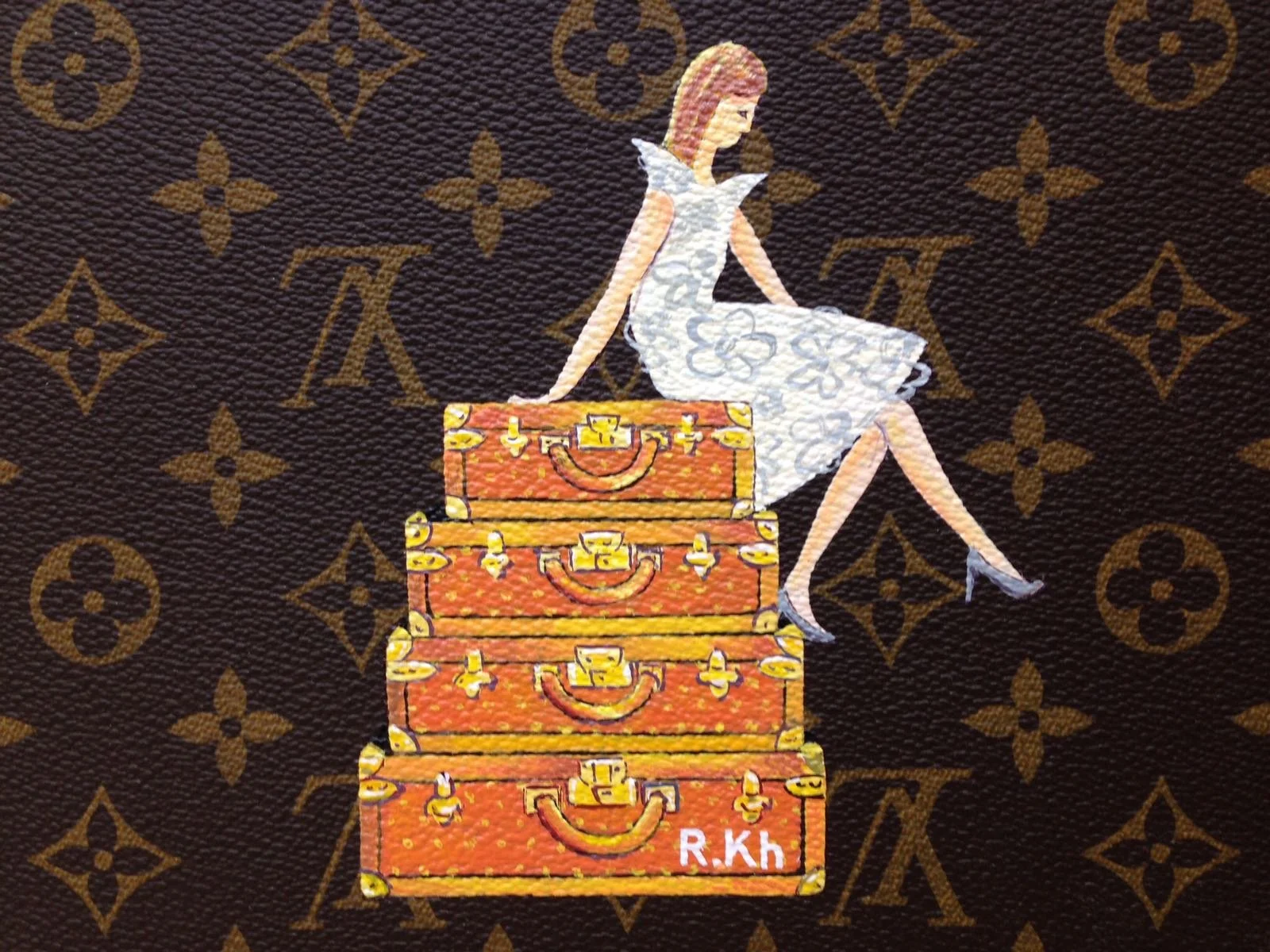 Illustration of a woman in white dress sitting on a stack of orange suitcases with yellow accents, set against a brown background with a Louis Vuitton monogram pattern.