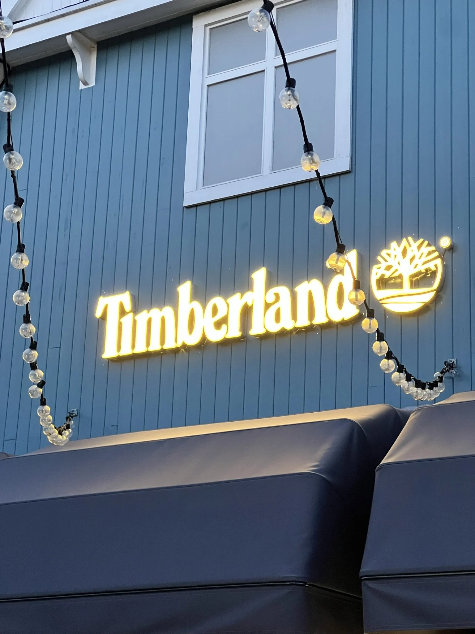 A neon sign displaying the name 'Timberland' with a tree logo on a blue exterior wall, decorated with string lights.