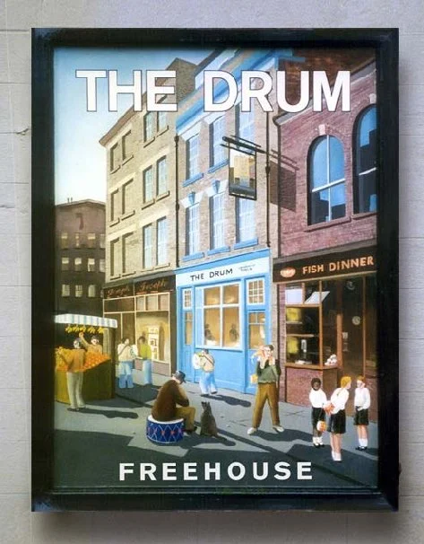 An illustration of a city street scene outside a music venue called The Drum, with people walking, talking, and sitting, neighboring a fish dinner restaurant, with buildings and windows in the background.