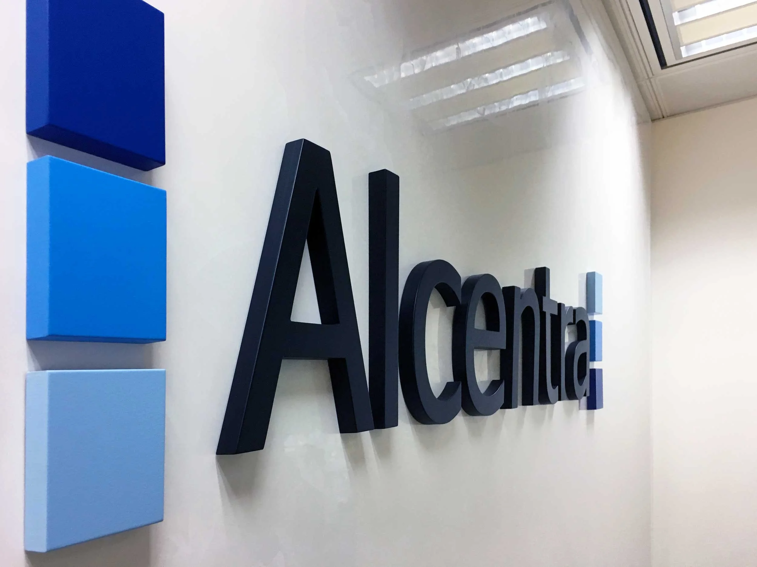 Office wall with large black 3D letters spelling 'Alcentia' and three square 3D blocks in different shades of blue to the side.