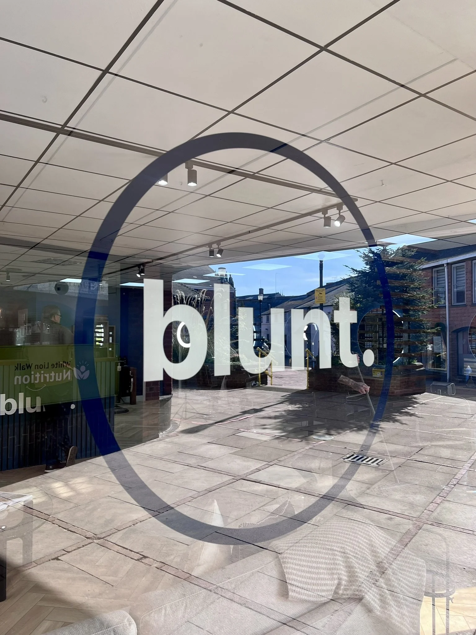 View through a glass window with the word 'blunt.' in bold lowercase letters inside a blue circle logo, looking from inside a building to an outdoor area with a sidewalk, trees, and buildings.