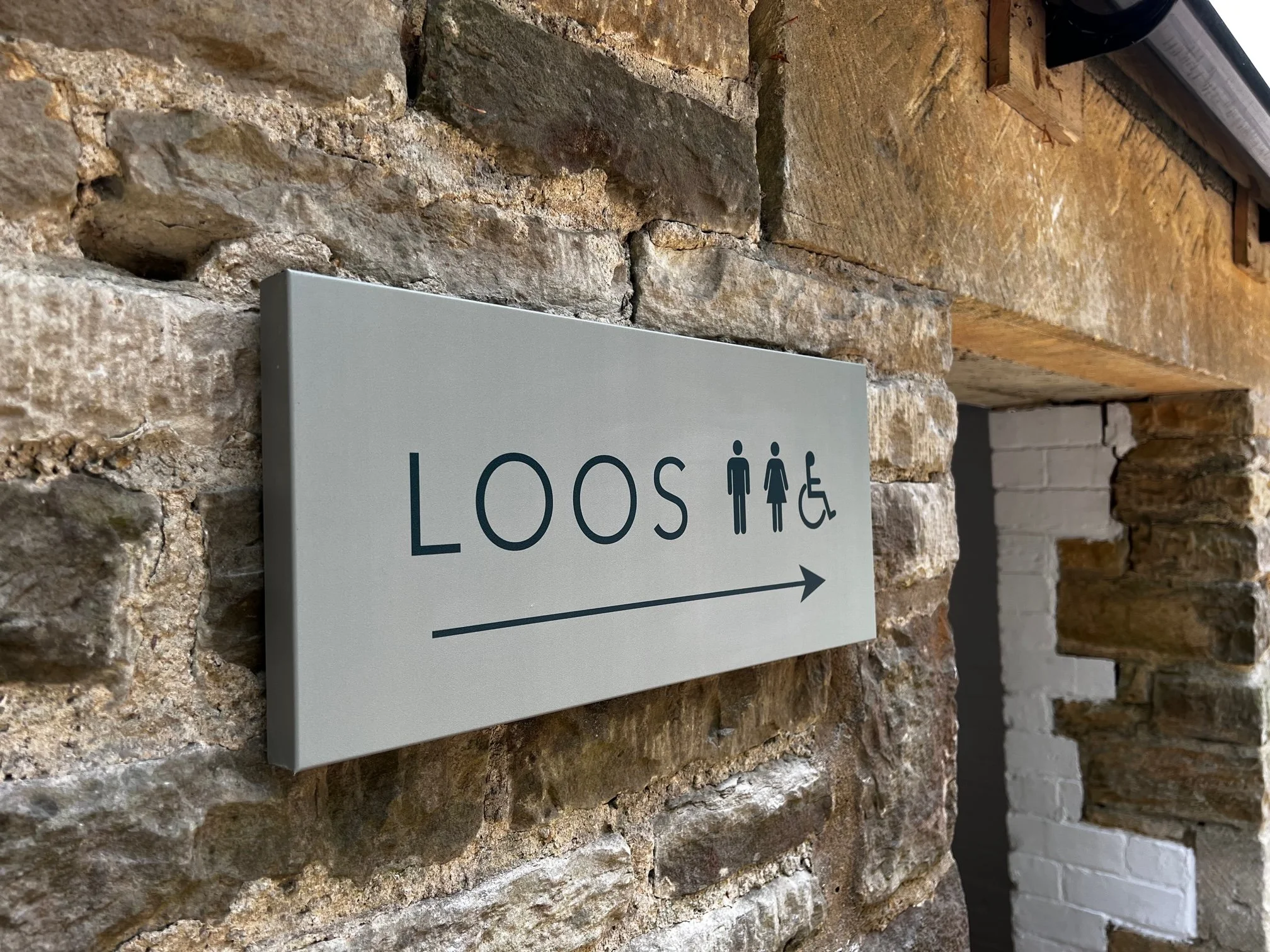 Sign mounted on a brick wall with the text 'LOOS' and icons indicating unisex, women, and disabled accessible restrooms, with an arrow pointing to the right.