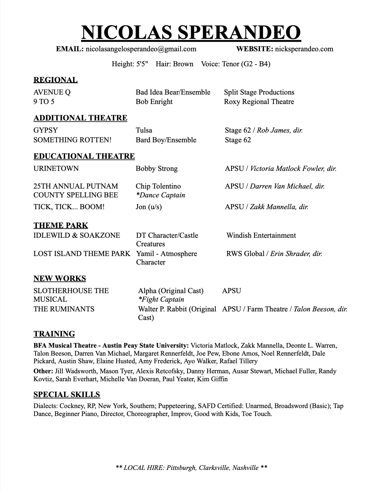 A detailed theatrical playbill for Nicolas Sperandeo, displaying contact info, physical description, and list of performances across various categories including regional, additional theatre, educational theatre, theme park, new works, and training, with special skills and local hire information.