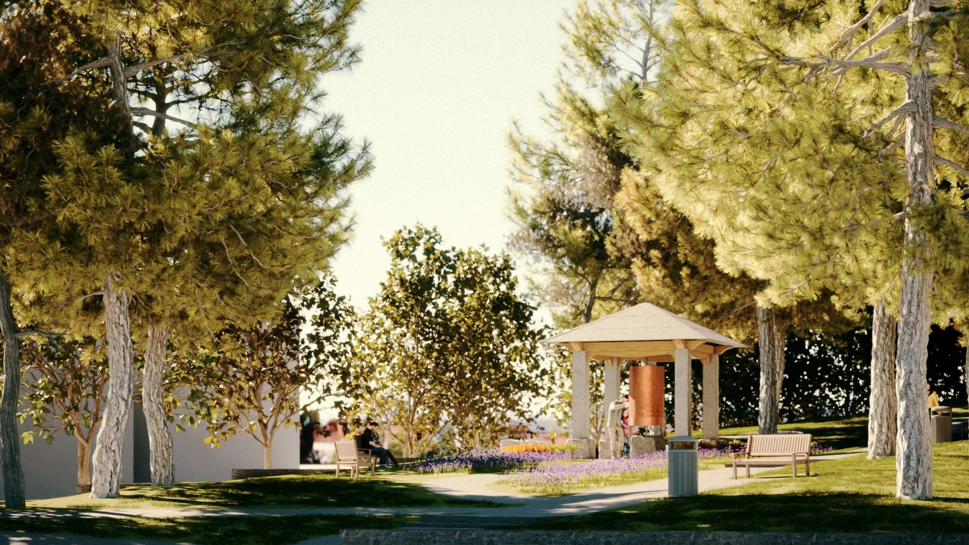 A park scene with large trees, benches, a gazebo, and people sitting and walking on a sunny day.