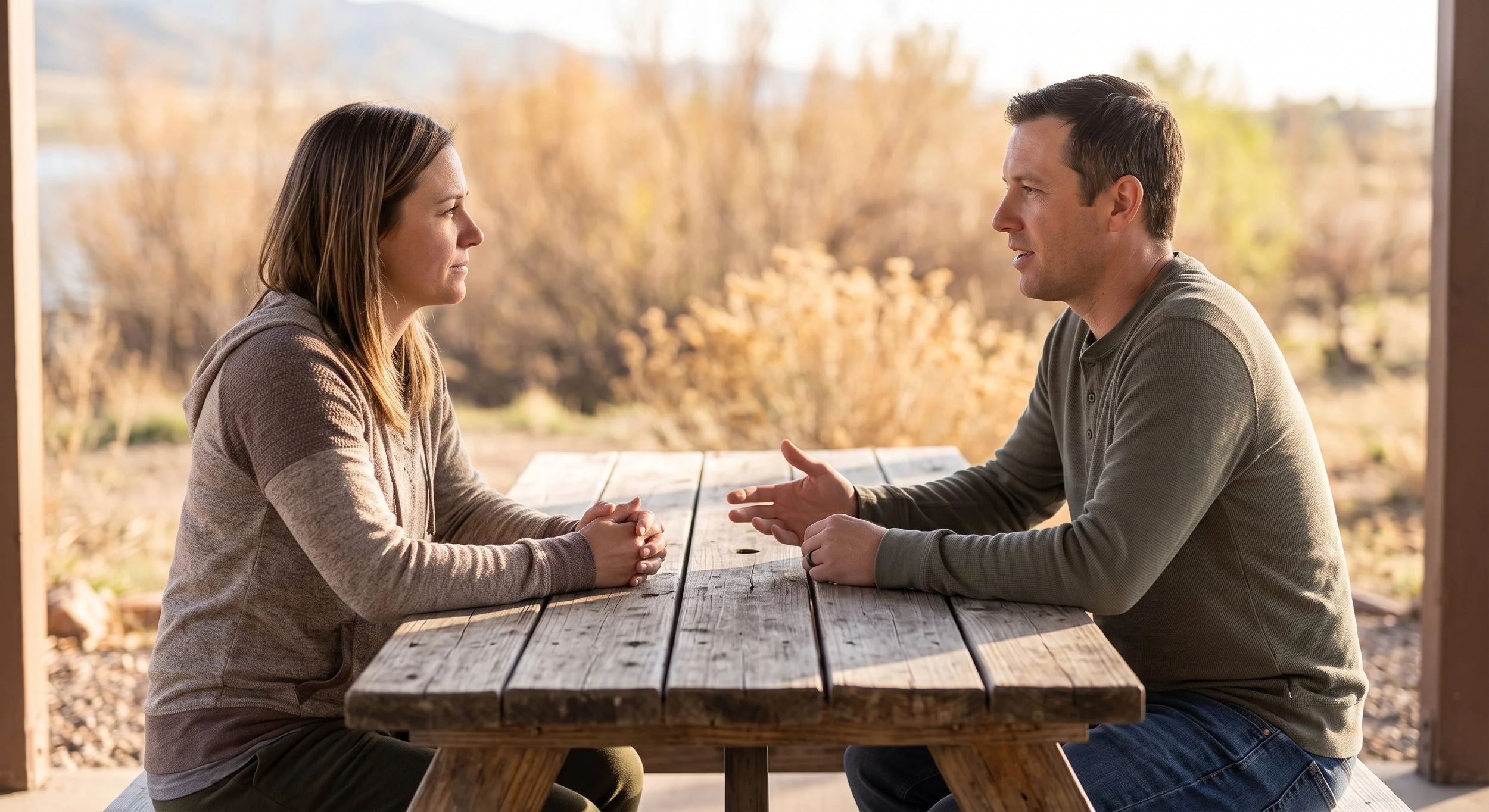Two people engaged in sincere, grounded conversation at a wooden table in a Pueblo, CO setting, modeling healthy relationship boundaries.