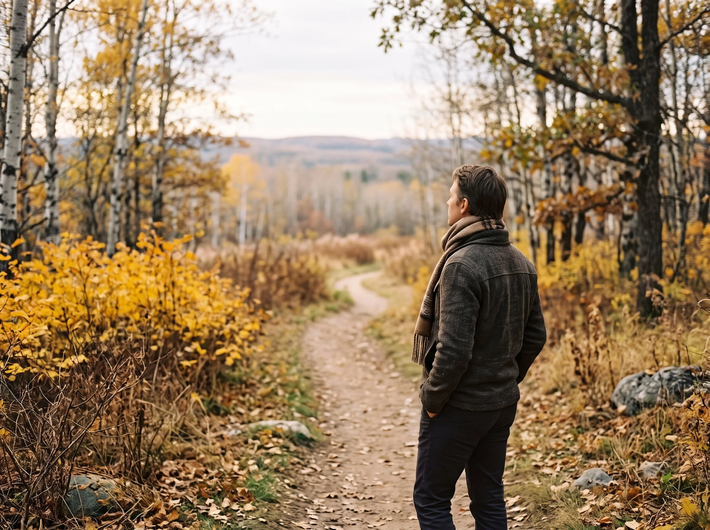 An adult stepping outside for a quiet moment of calm and emotional grounding during a busy holiday family gathering.