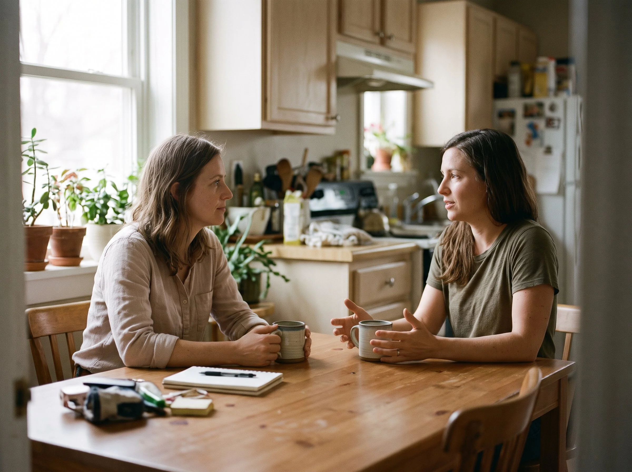 Two people sitting together and communicating clearly, illustrating respectful boundary setting and honest conversation.