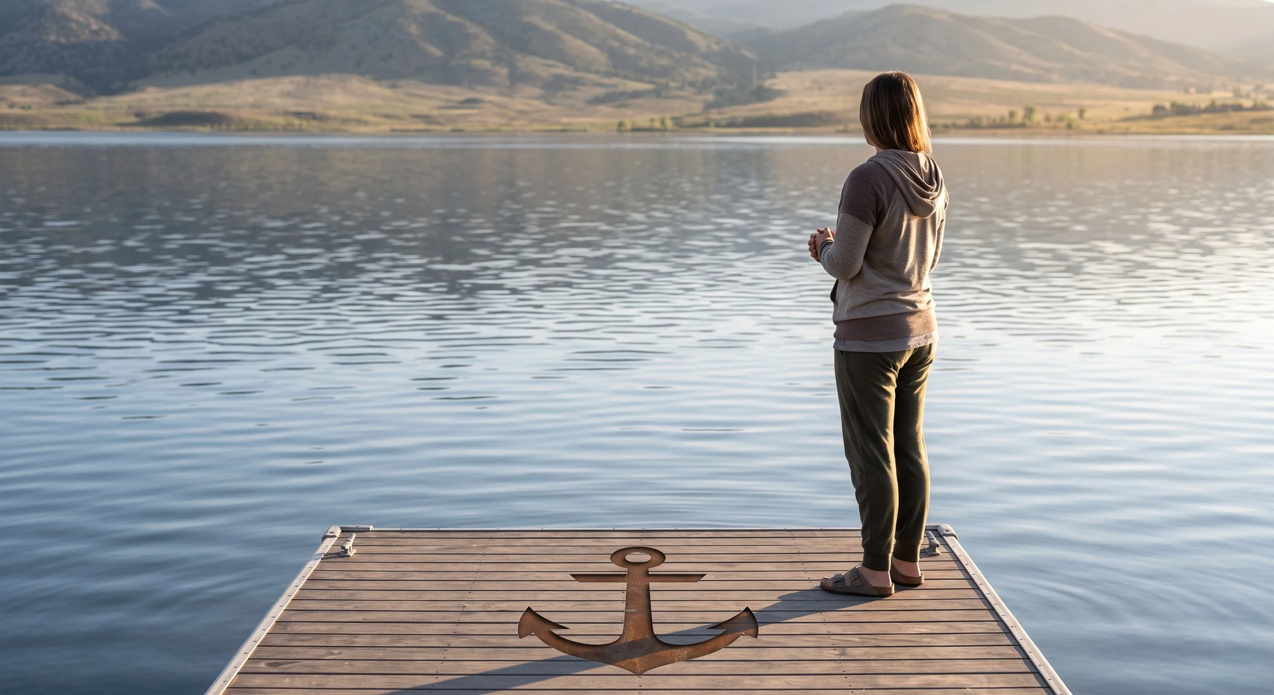 A person standing on a calm dock near Pueblo, CO, symbolizing emotional anchors and self-worth in healing from relationship anxiety.